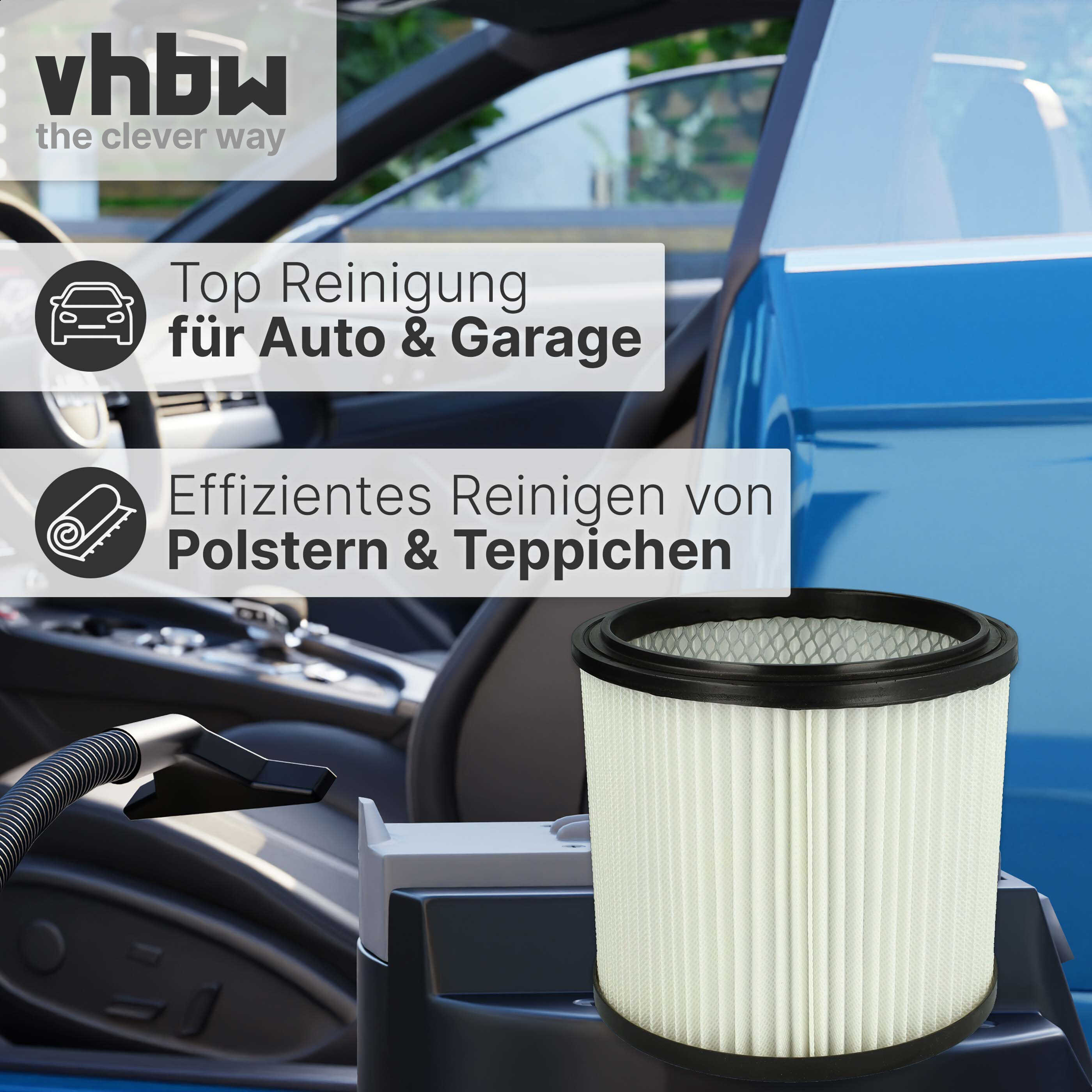 Staubsaugerfilter vor dem Innenraum eines blauen Autos.