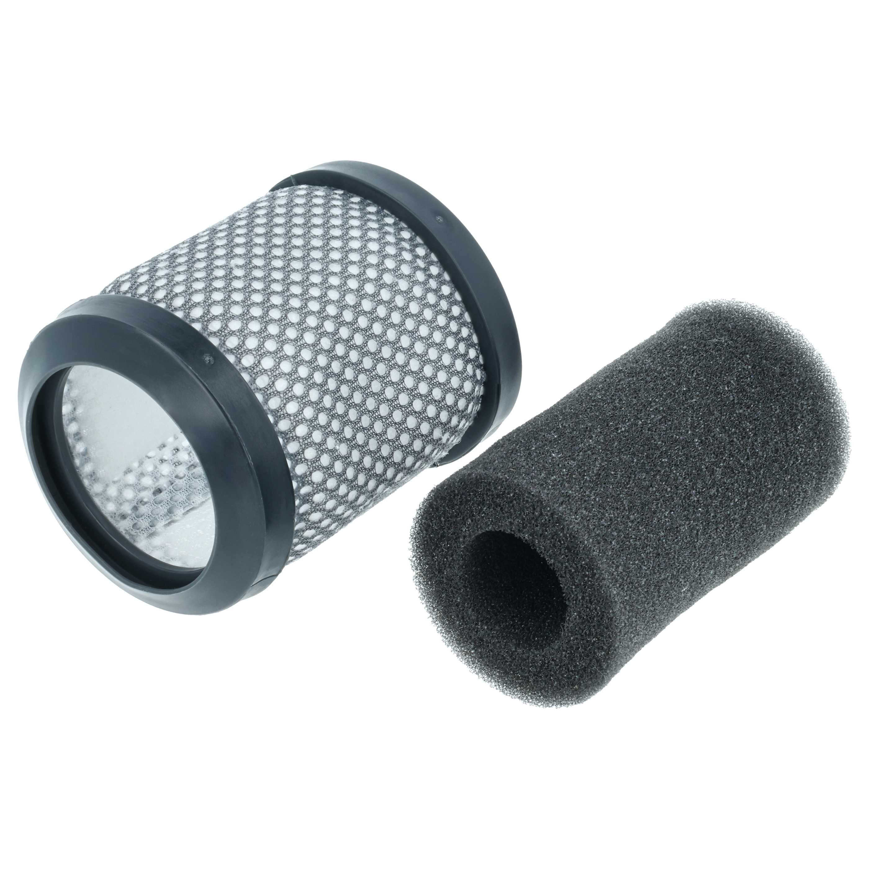 Ein zylindrischer Netzfilter und ein schwarzer Schaumstofffilter liegen auf einer weißen Oberfläche.