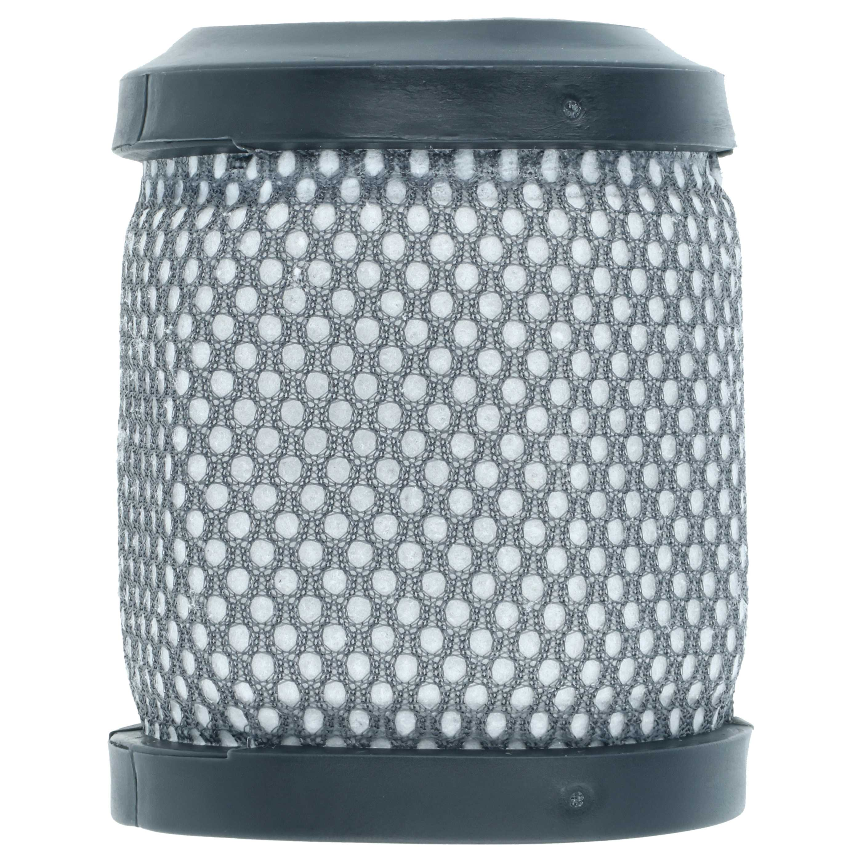 Zylinderförmiger Luftfilter mit schwarzem Rahmen und grauem Gitter auf weißem Hintergrund.