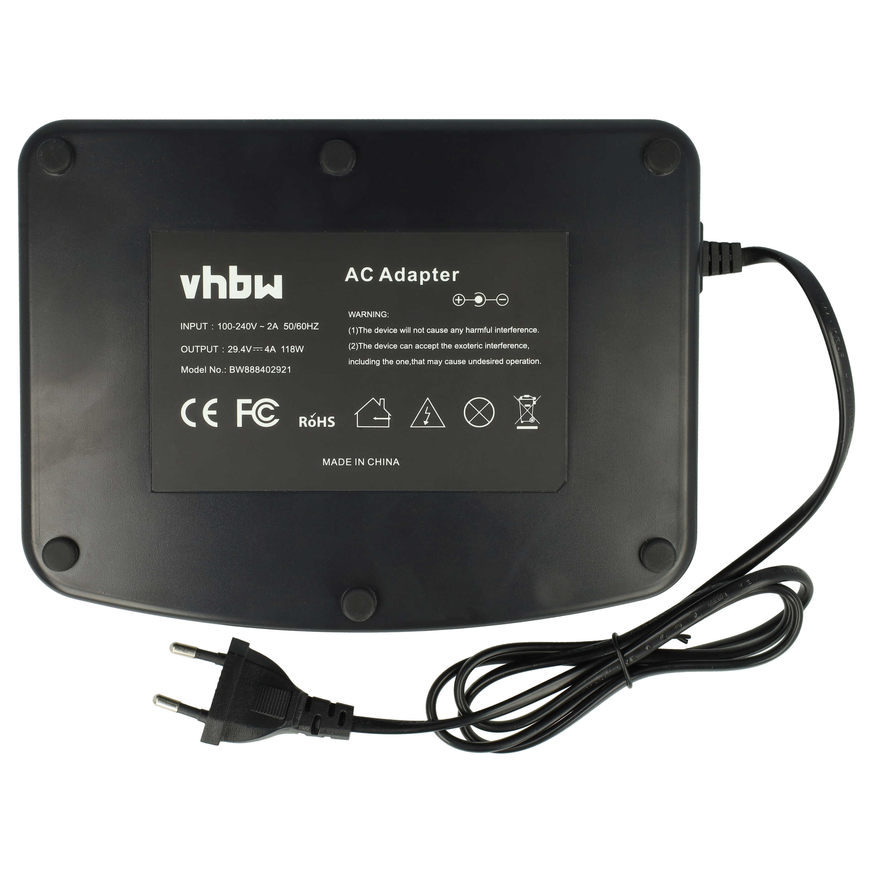 Schwarzes vhbw AC-Netzteil mit Etikett, technischen Daten und angeschlossenem EU-Stecker auf weißem Hintergrund.