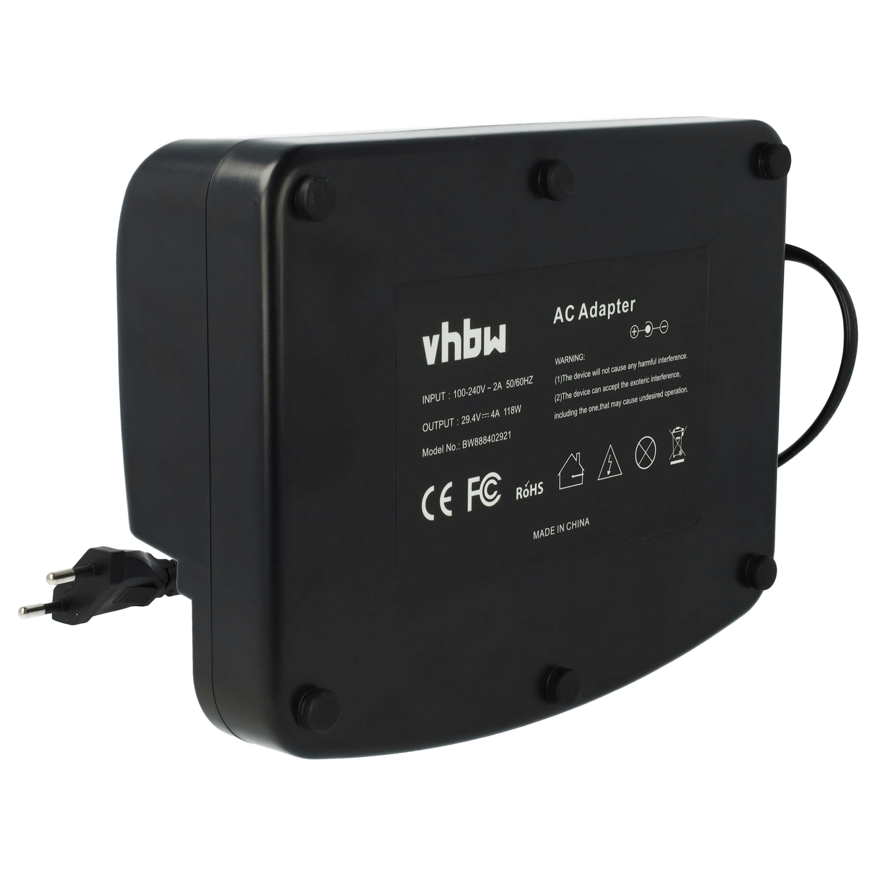Ein schwarzer vhbw AC-Adapter mit weißem Aufkleber, technischen Daten, CE- und RoHS-Prüfzeichen sowie Netzkabel.