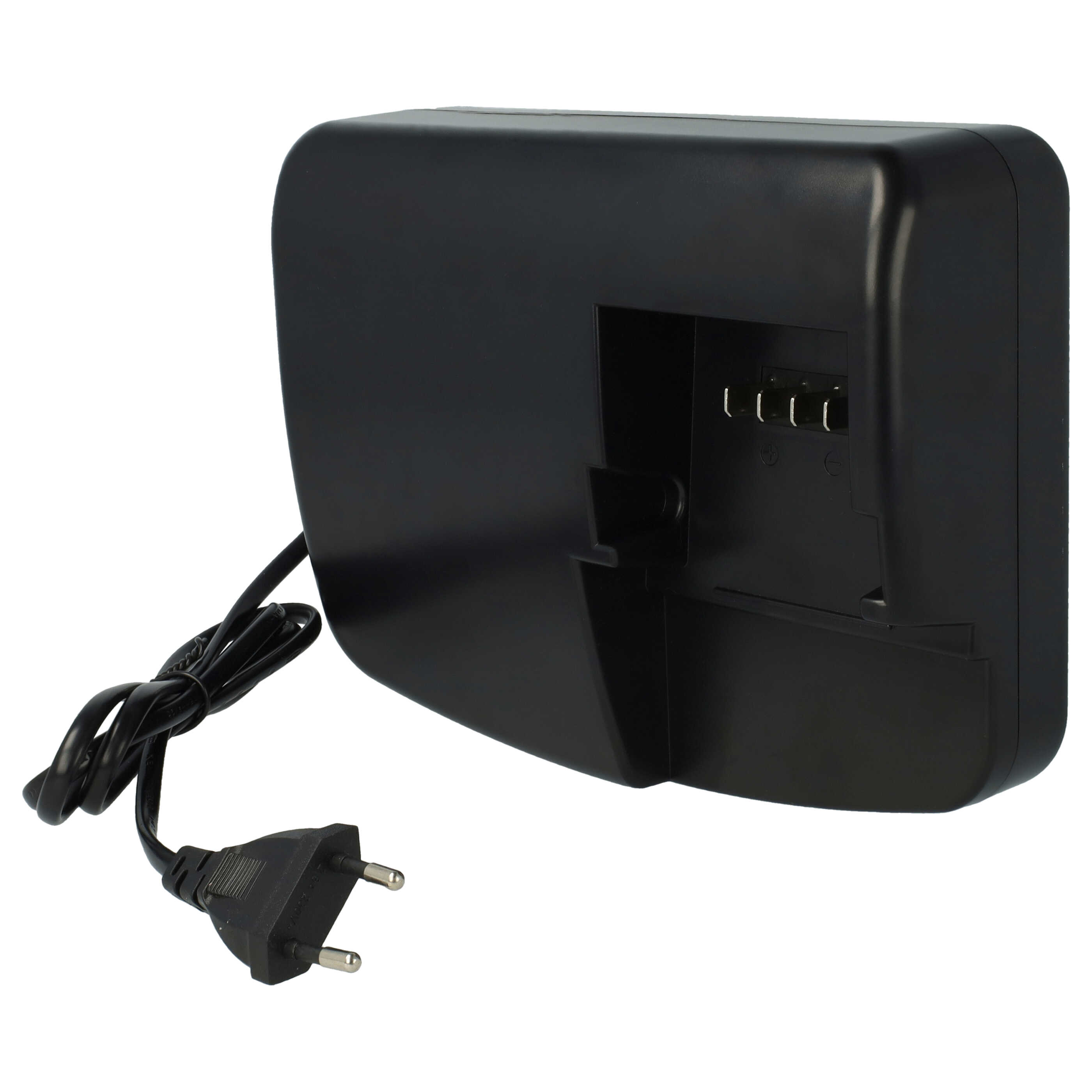 Ein schwarzes Ladegerät mit aufgerolltem Netzkabel und europäischem Stecker auf weißem Hintergrund.