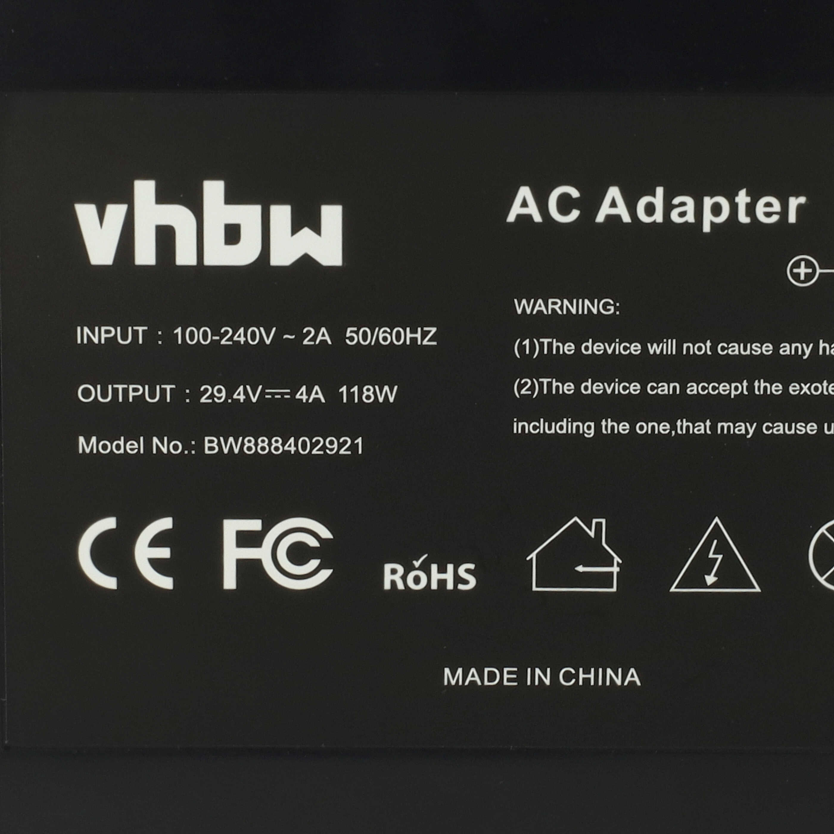 Schwarzes Etikett für AC-Adapter mit technischen Daten, Warnungen und Zertifizierungssymbolen.
