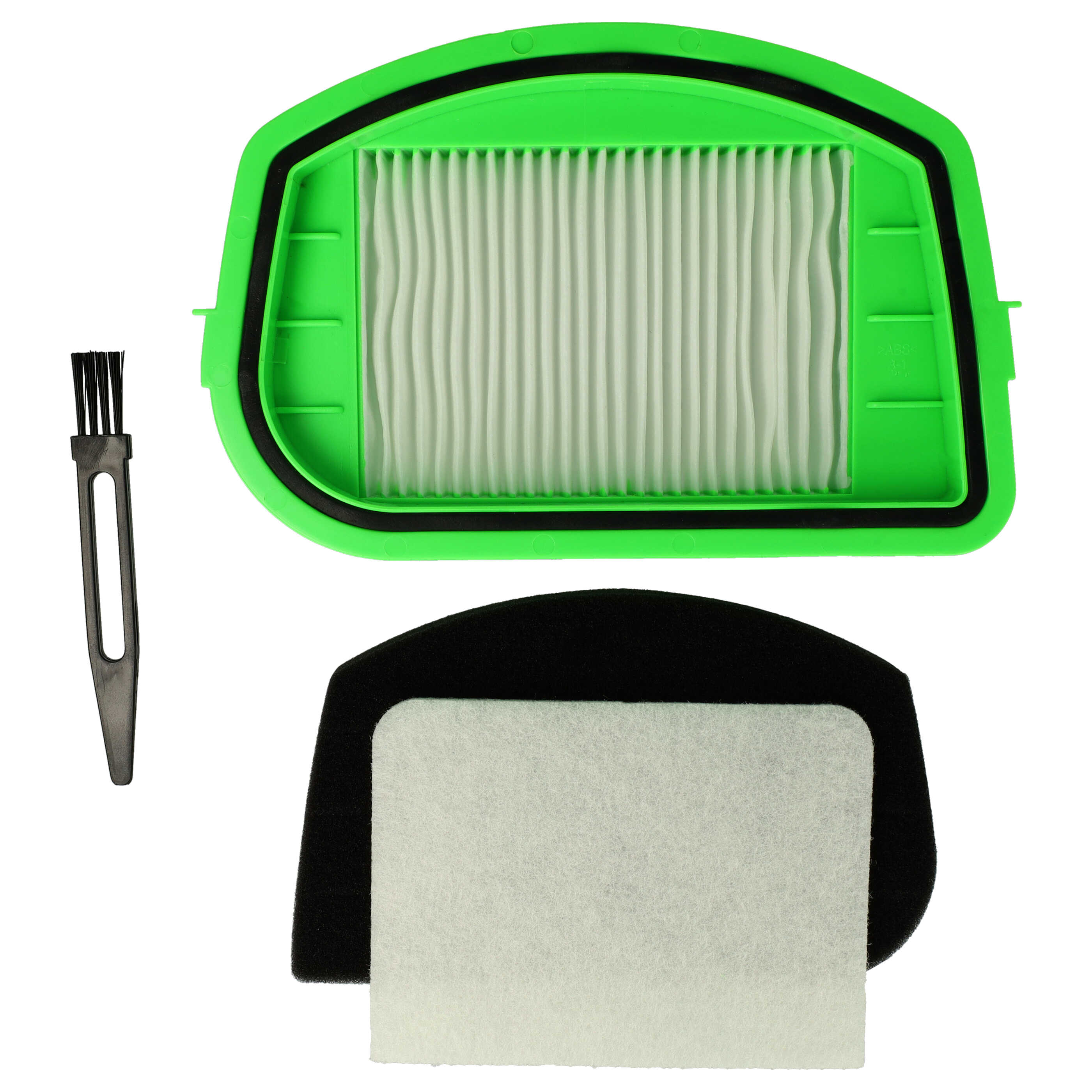 Grüner Rasenmäherfilter mit Lamellen, schwarzer Schaumstofffilter und Reinigungsbürste auf weißem Hintergrund.