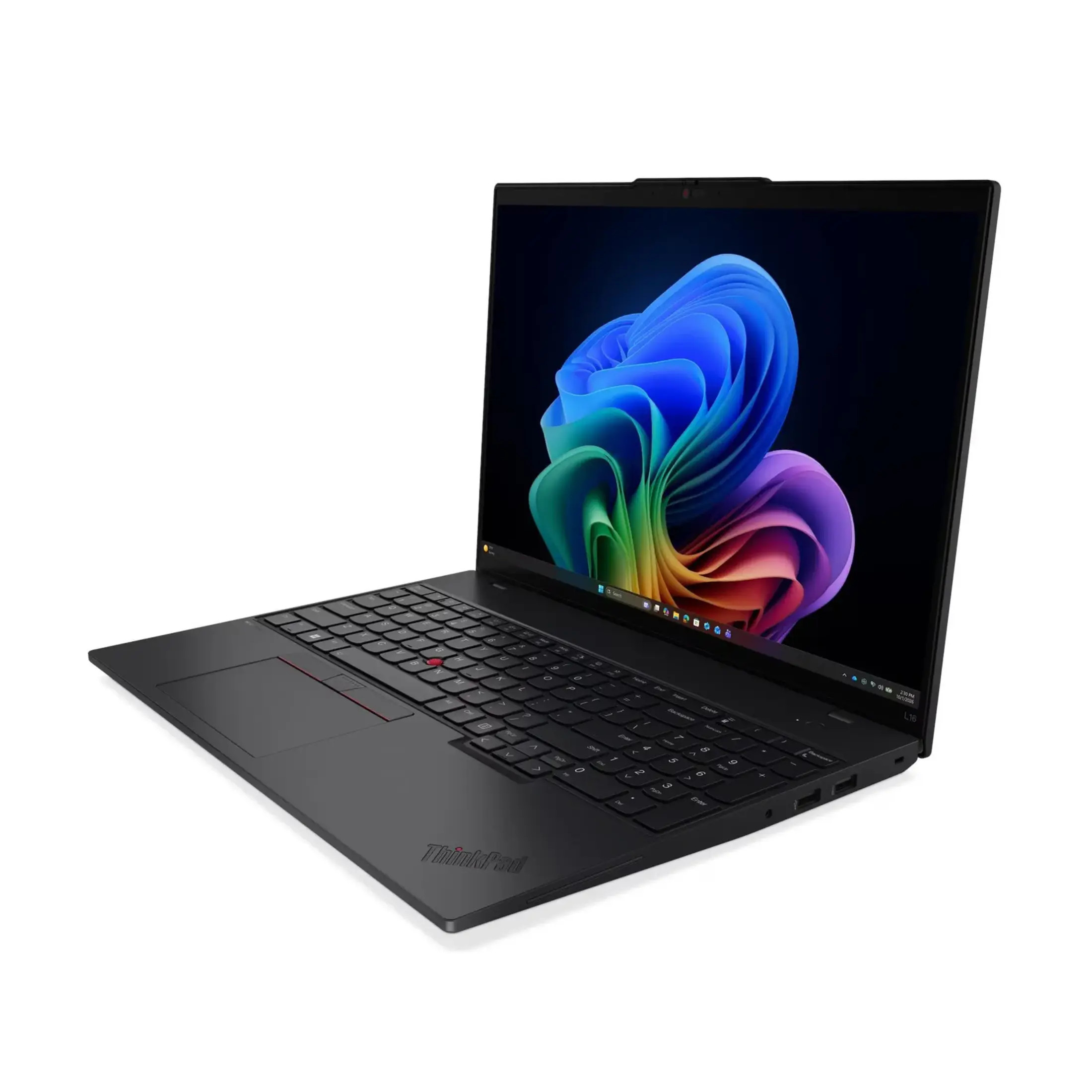 Ein schwarzer Laptop auf weißem Hintergrund mit bunten abstrakten Formen auf dem Bildschirm.