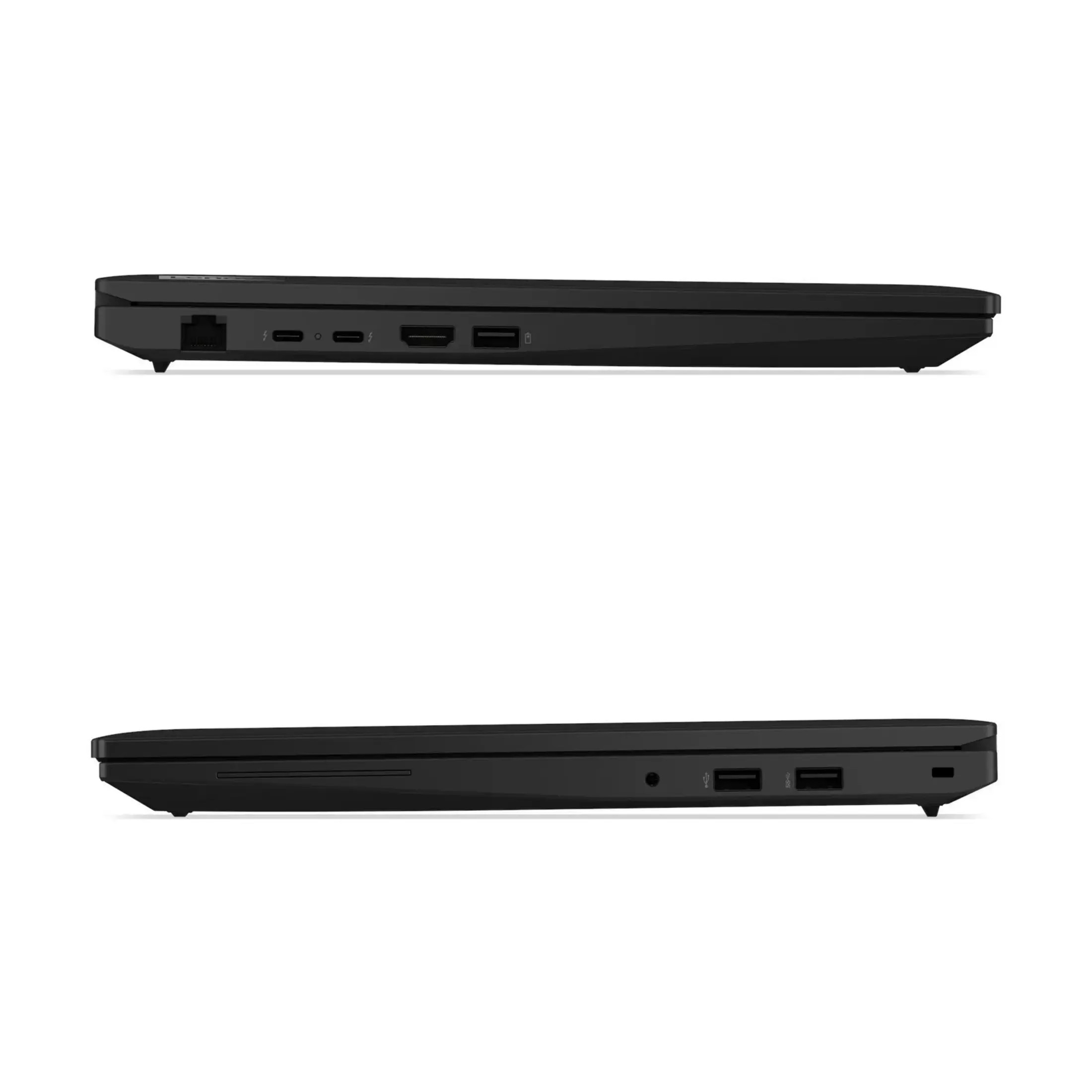 Seitenansicht eines schwarzen Laptops mit verschiedenen Anschlüssen auf beiden Seiten.