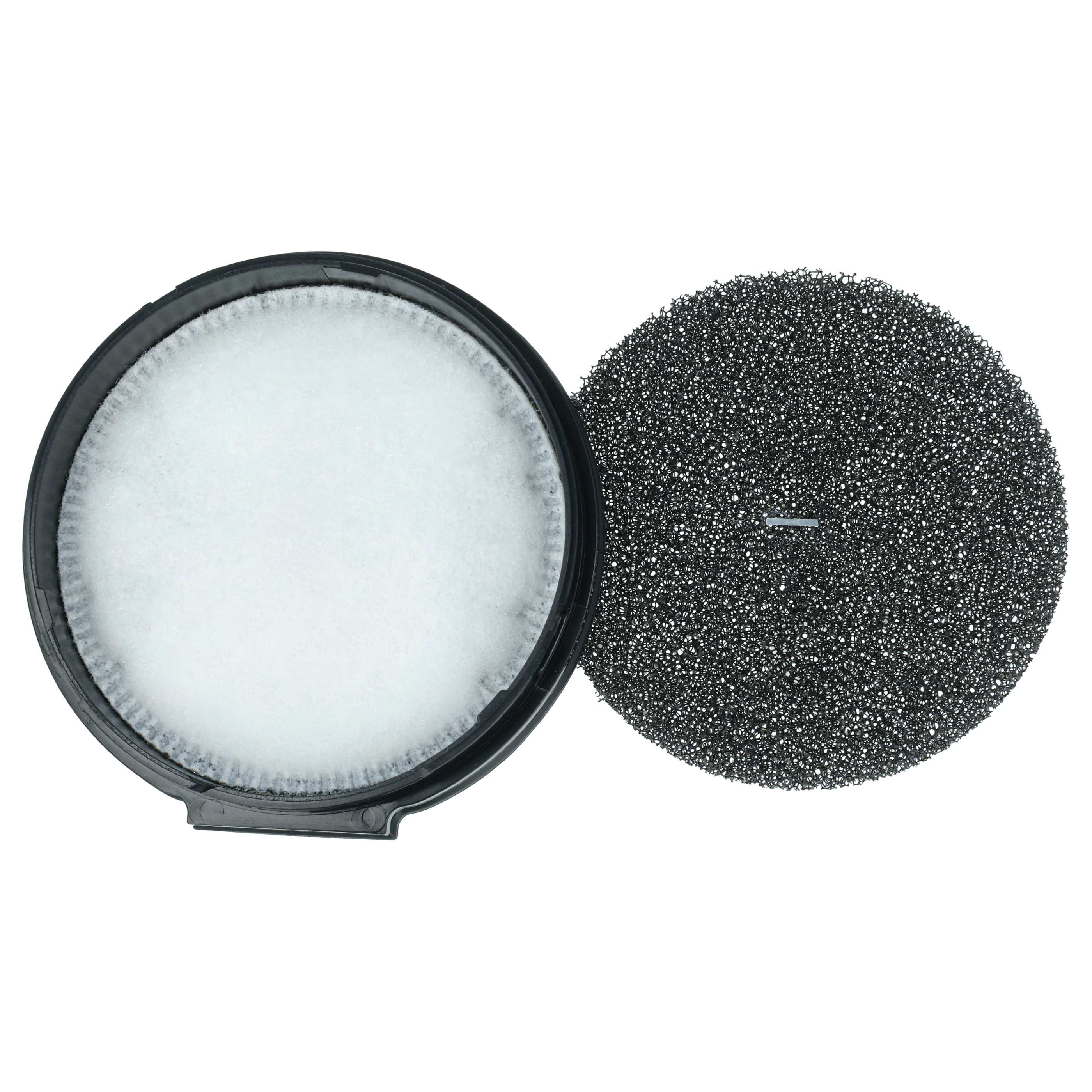 Zwei runde Filter: ein weißer mit schwarzem Rand und ein schwarzer Schaumstofffilter.