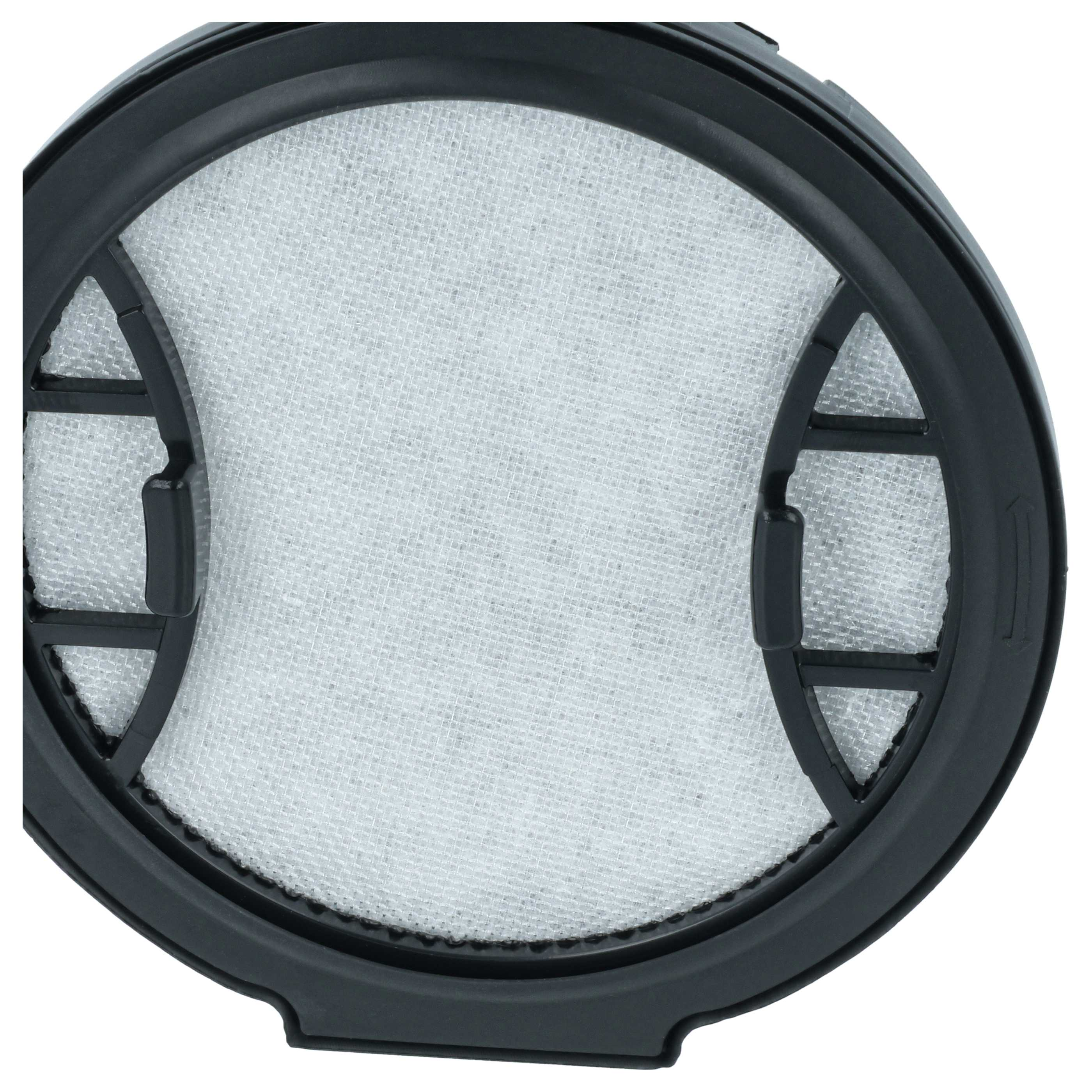 Runder schwarzer Staubsaugerfilter mit weißem Mesh-Filtermedium und zwei seitlichen Clips auf weißem Hintergrund.