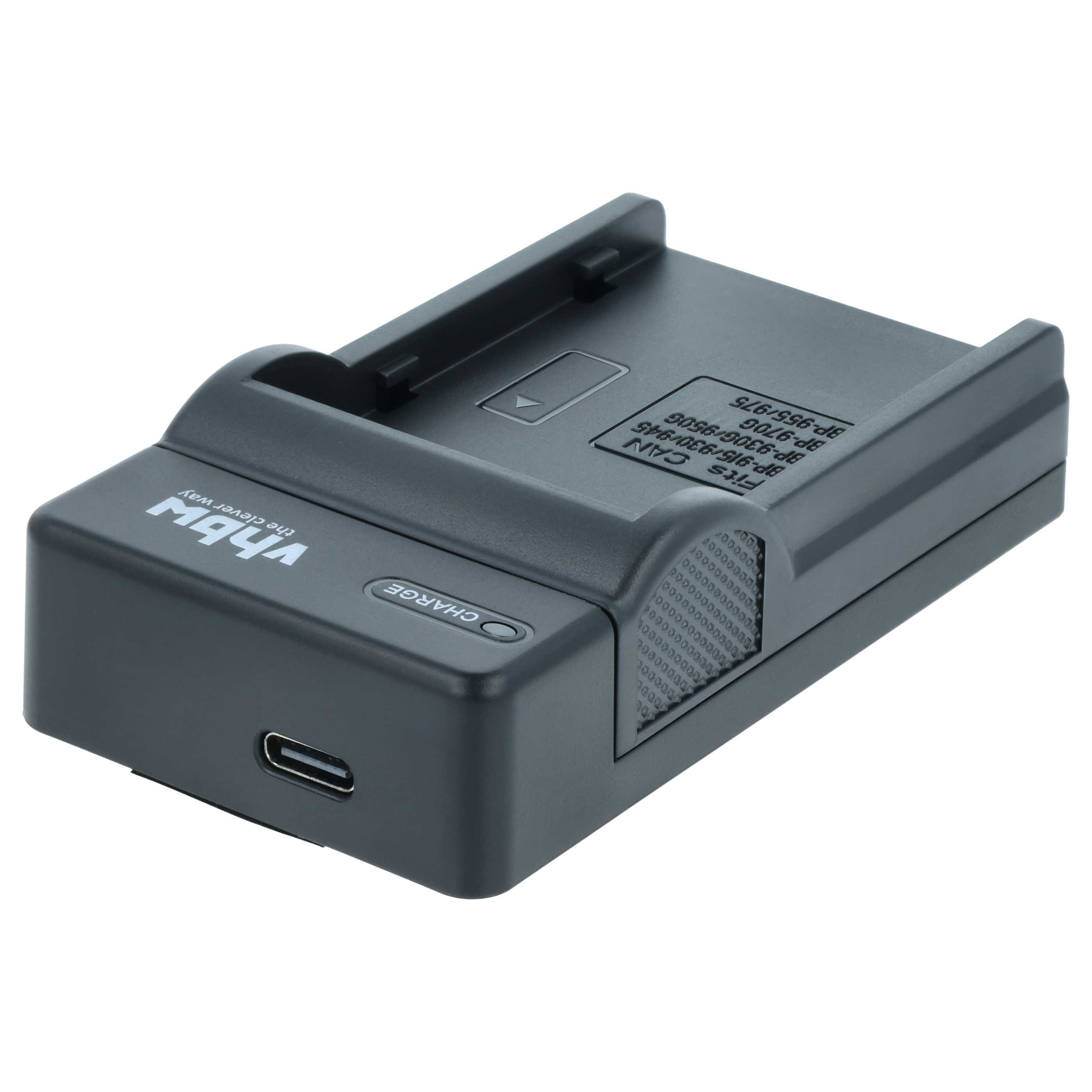 Schwarzes vhbw Akkuladegerät mit USB-C-Anschluss vor weißem Hintergrund.