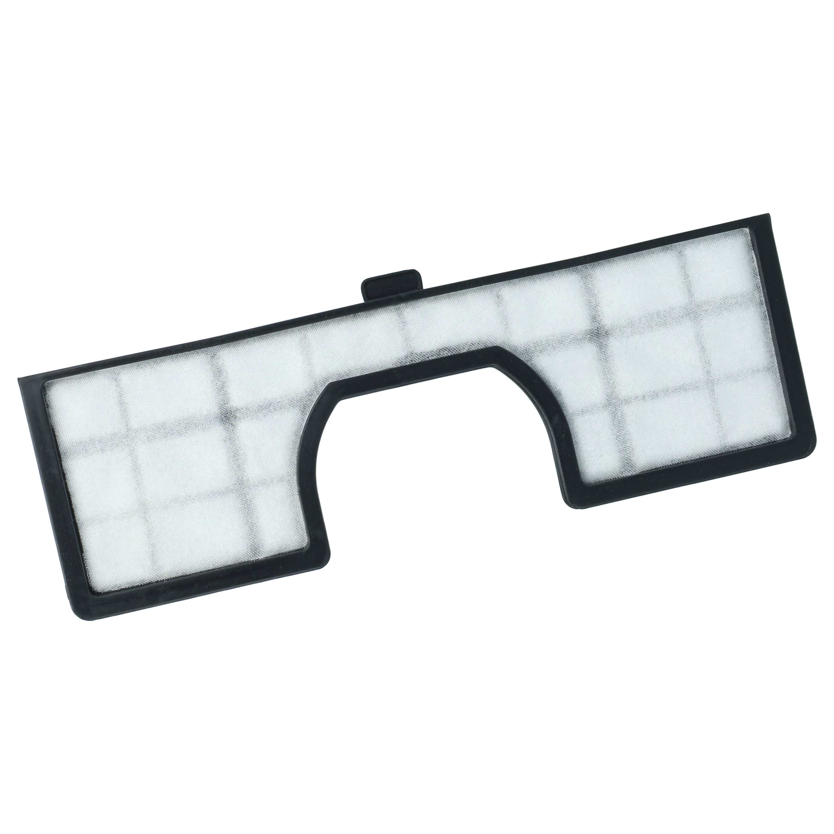 Ein rechteckiger schwarzer Staubsaugerfilter mit weißem Gitter auf weißem Hintergrund.