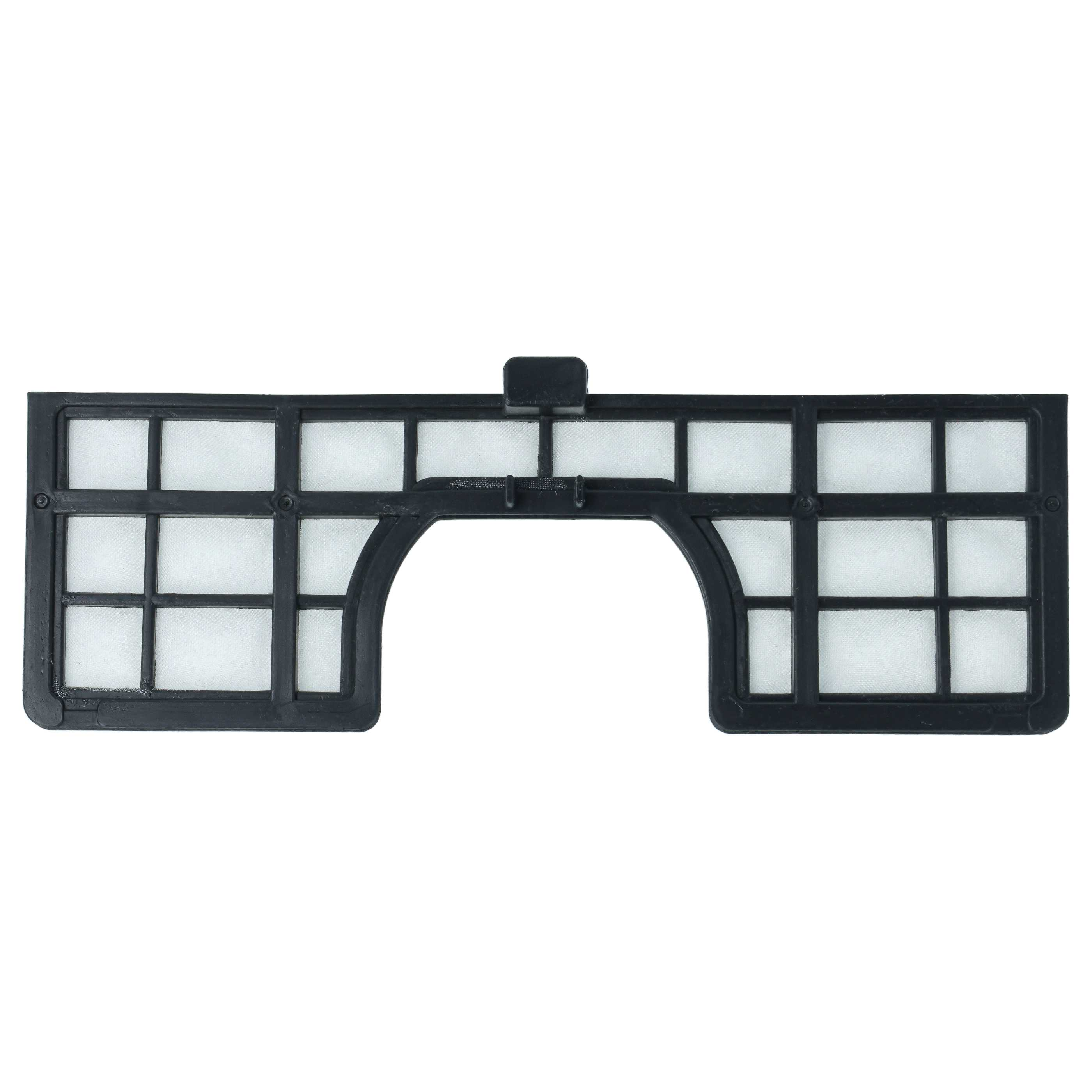 Ein schwarzer, rechteckiger Plastikfilter mit einem großen gewölbten Ausschnitt in der Mitte und feinem weißen Gitter.