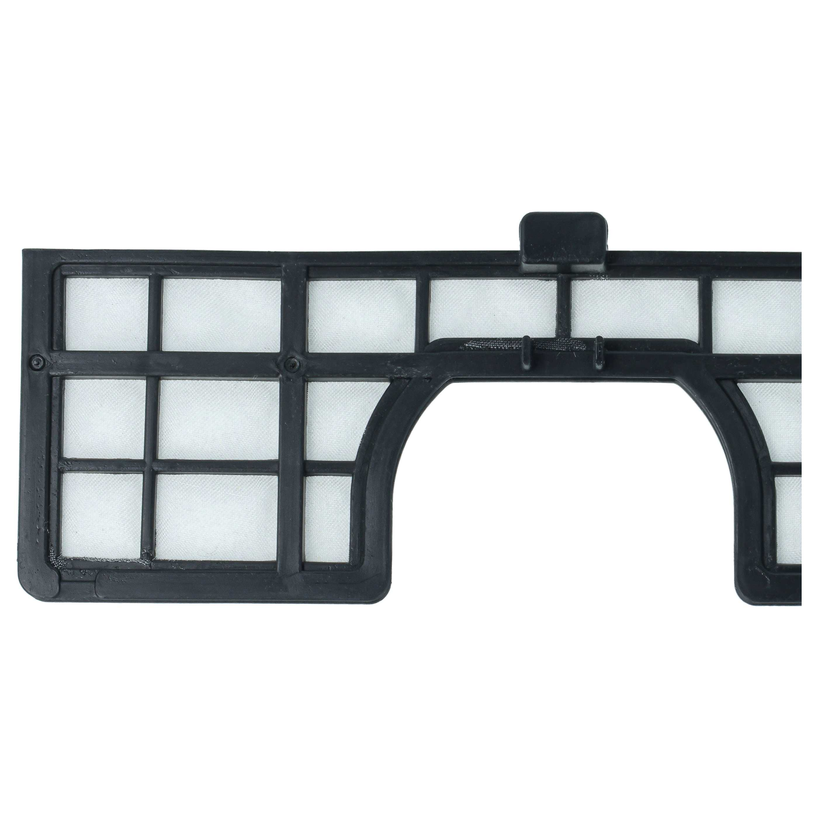 Ein schwarzer Plastikluftfilter mit einem feinen weißen Gitter und einer integrierten Grifflasche.