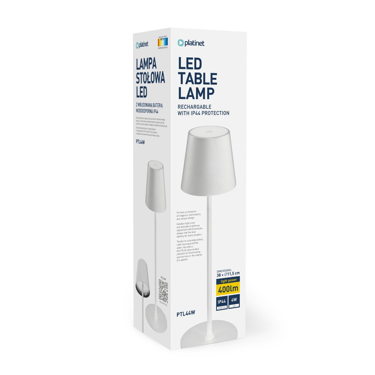 Weiße Verpackung für eine wiederaufladbare LED-Tischlampe mit Produktbild und technischen Daten.
