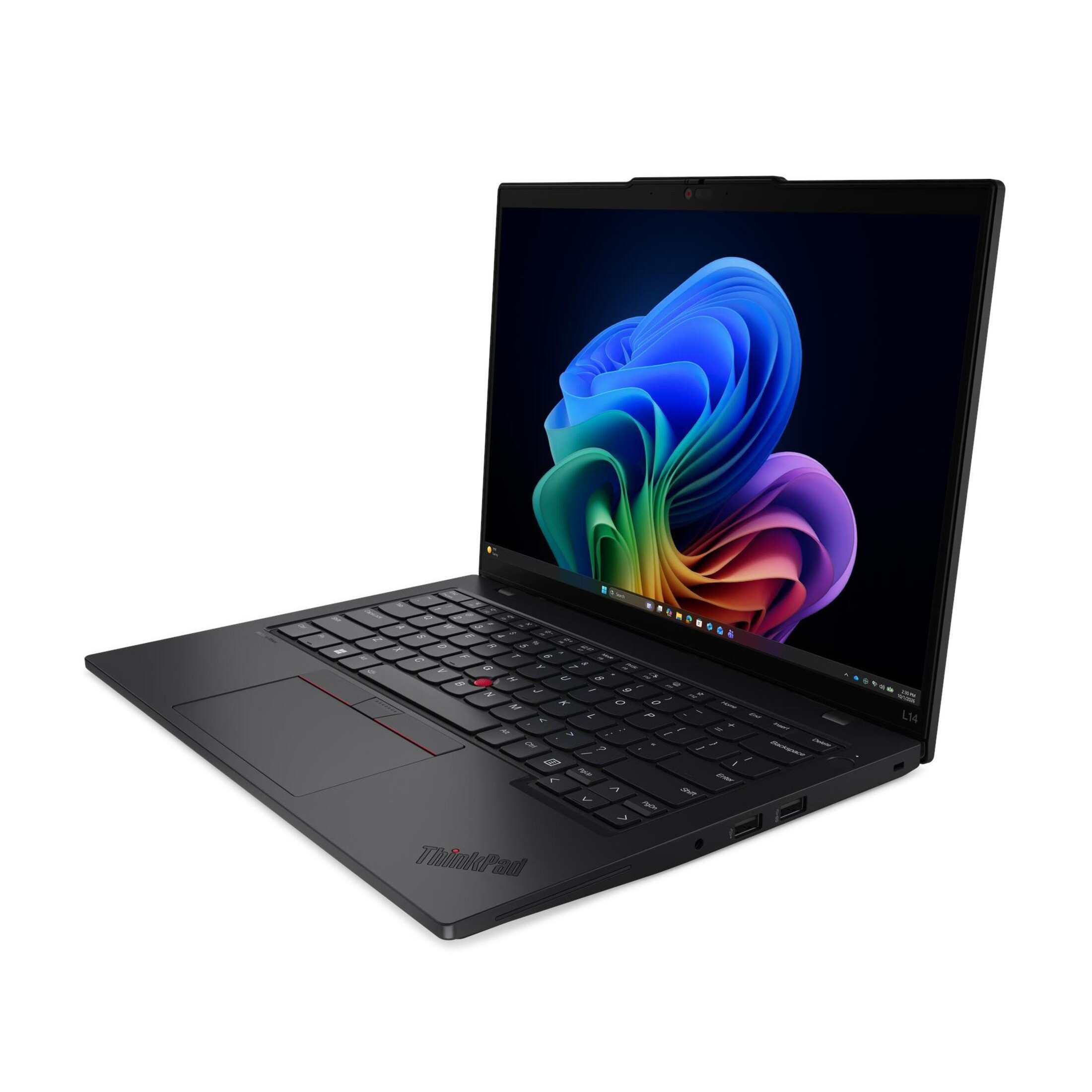 Ein schwarzer ThinkPad-Laptop auf weißem Hintergrund mit einem bunten Windows-Hintergrundbild auf dem Bildschirm.