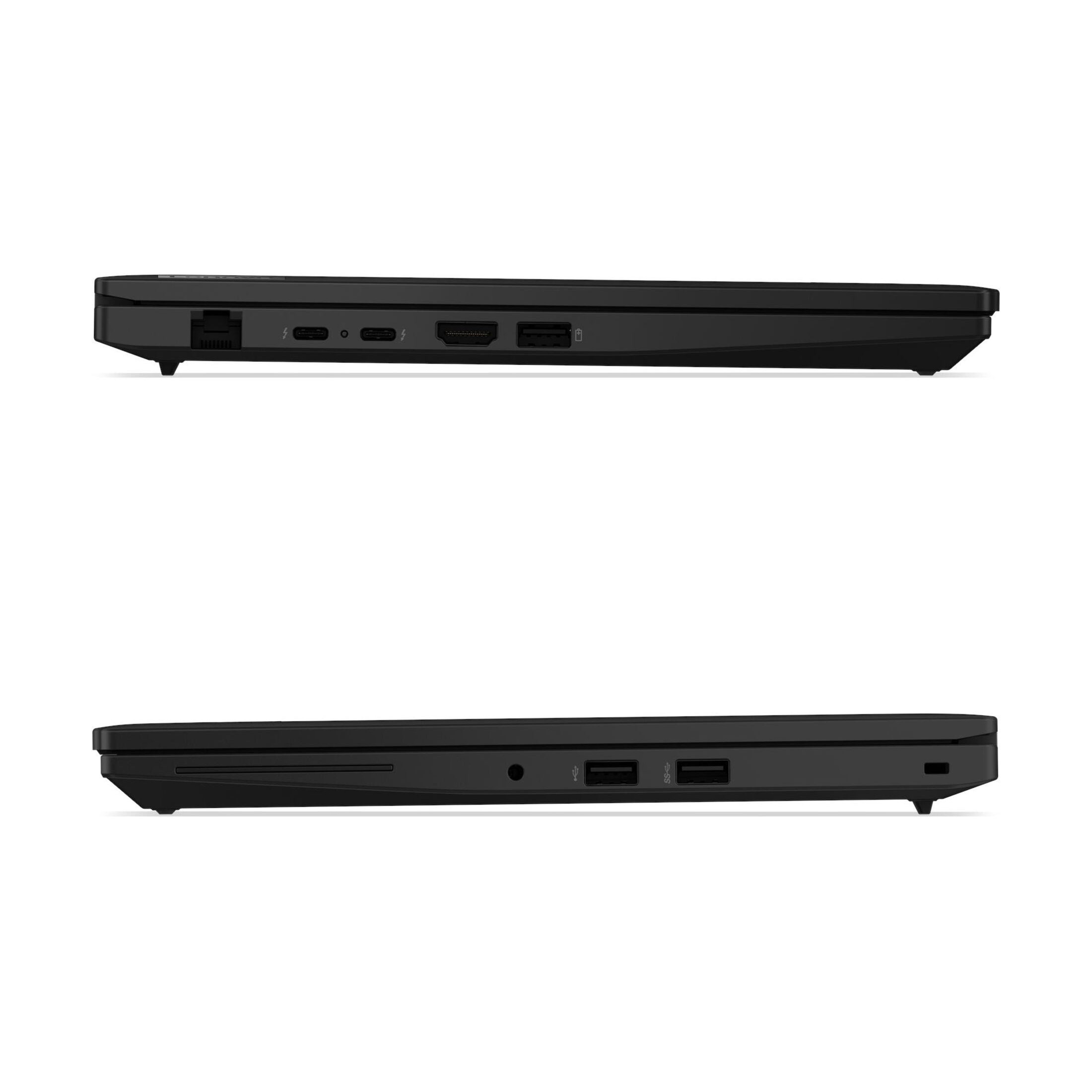 Seitenansichten eines schwarzen Laptops zeigen verschiedene Anschlüsse wie USB-C, HDMI und USB-A.