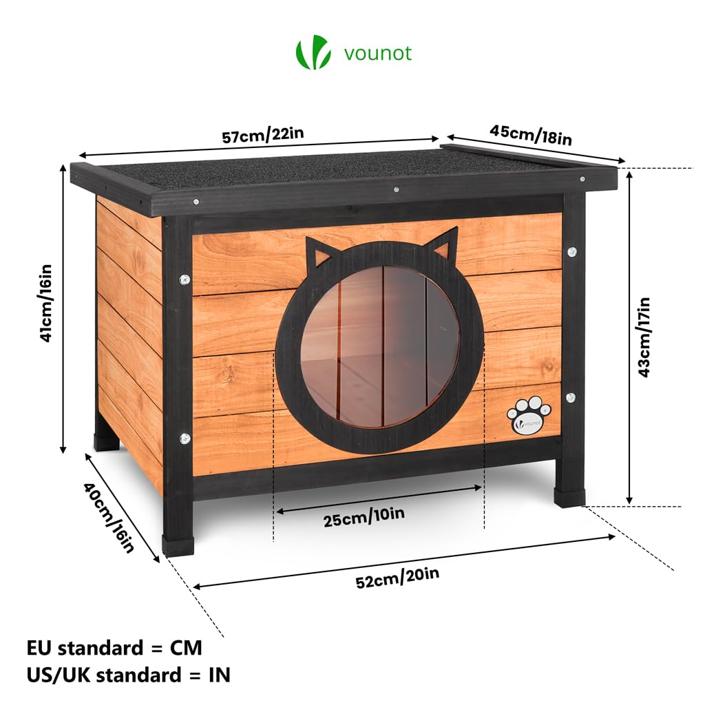 Holz Katzenhaus mit Maßen, schwarzem Dach und katzenförmigem Eingang.