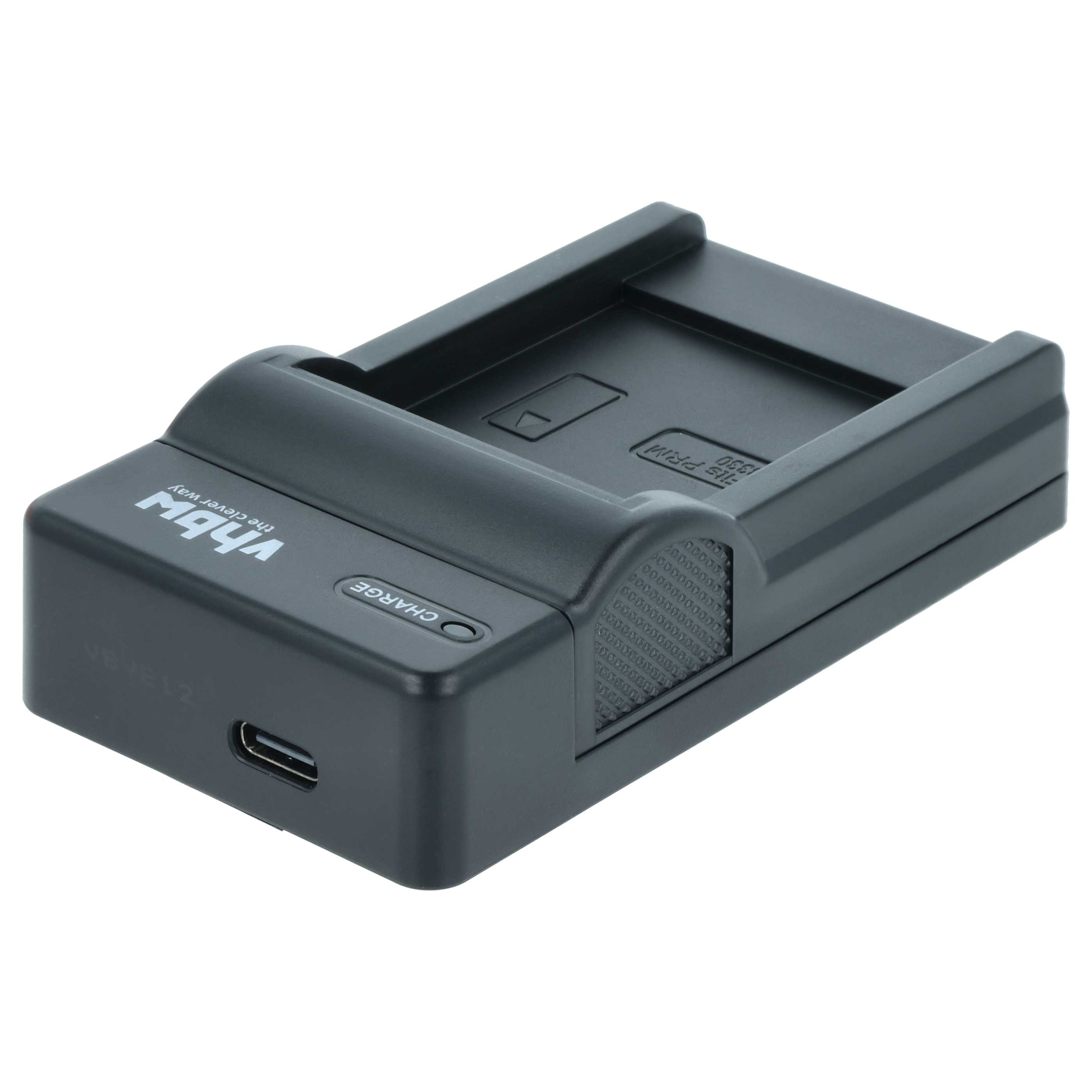Schwarzes vhbw Akkuladegerät mit USB-C-Anschluss vor weißem Hintergrund.