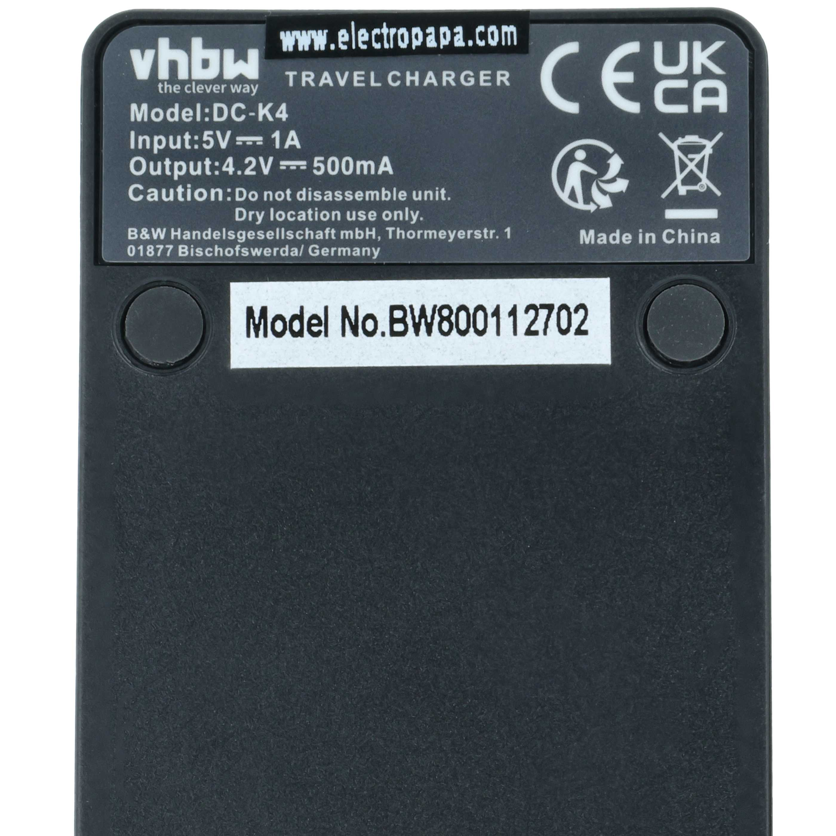 Rückseite eines schwarzen Vhbw Reiseladers mit Modellinformationen, technischen Daten und CE-Kennzeichnung.