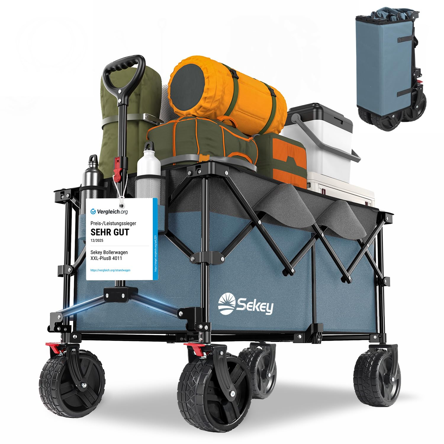 Un chariot pliant bleu Sekey chargé de matériel de camping, version pliée en haut à droite.
