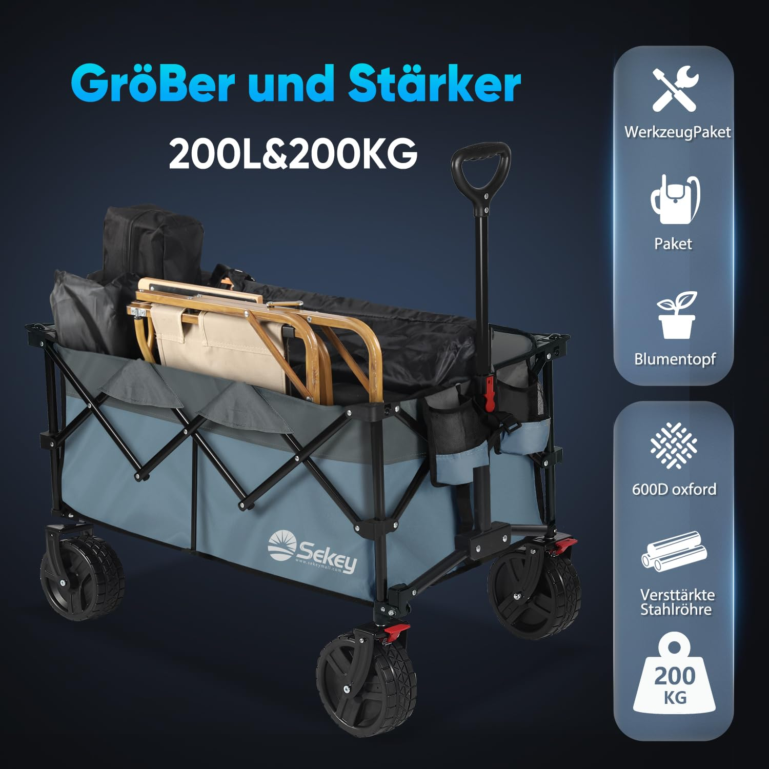 Chariot de transport Sekey bleu avec accessoires, pliable et robuste.