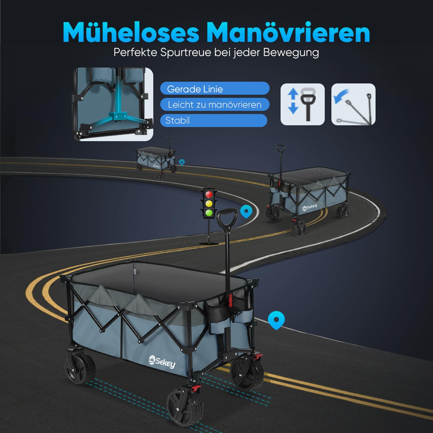Un chariot de transport bleu sur une route sinueuse met en valeur sa maniabilité et sa stabilité.