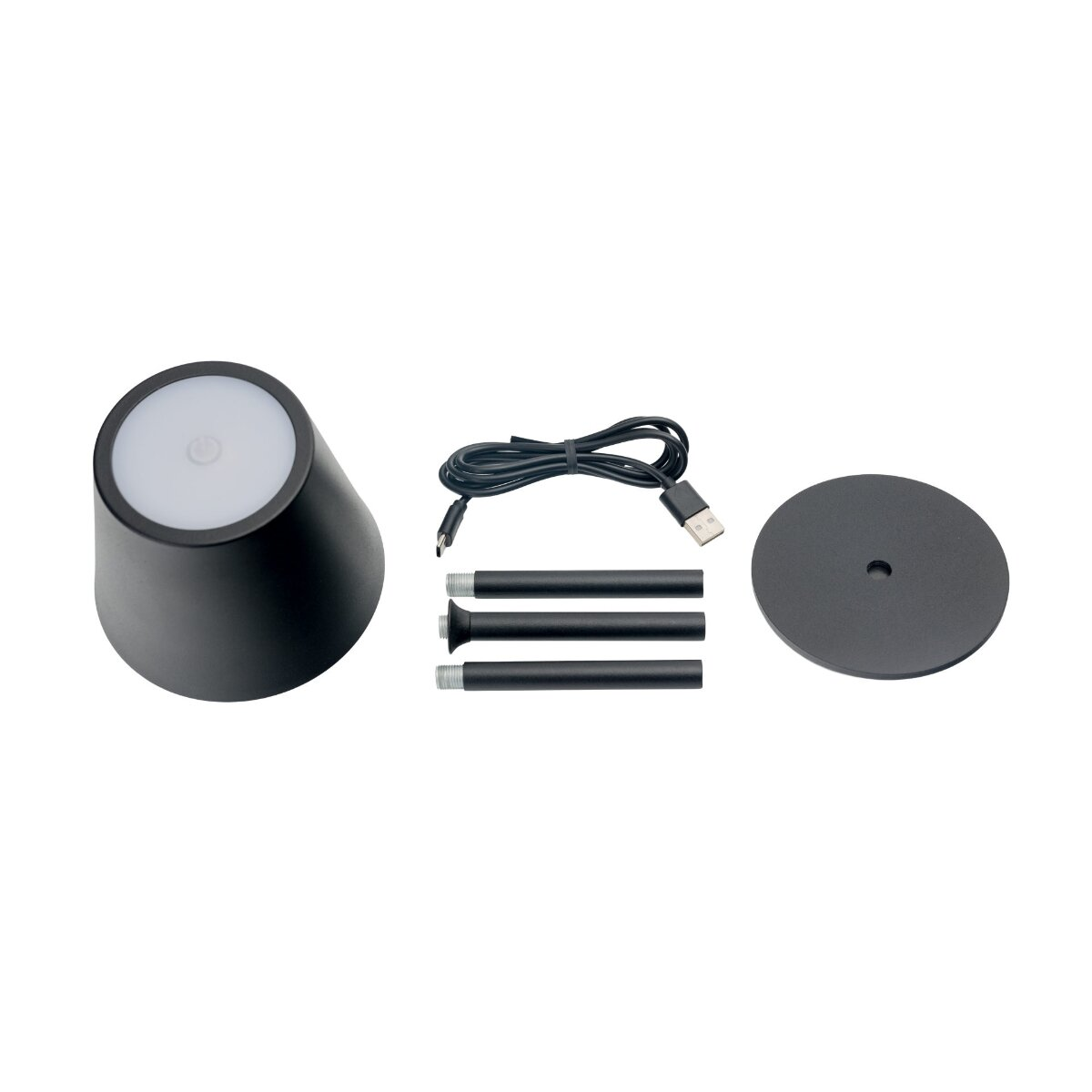 Schwarze Lampenkomponenten mit Schirm, drei Metallstangen, rundem Fuß und USB-Kabel vor weißem Hintergrund.
