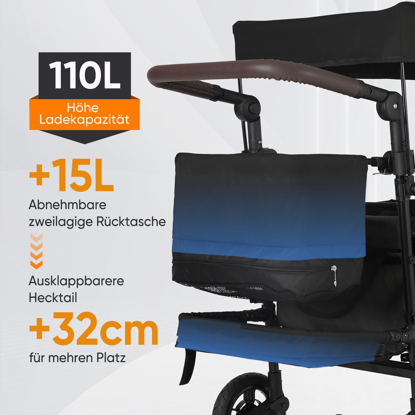 Chariot avec sac arrière bleu, poignée marron et extension arrière pour plus d'espace.