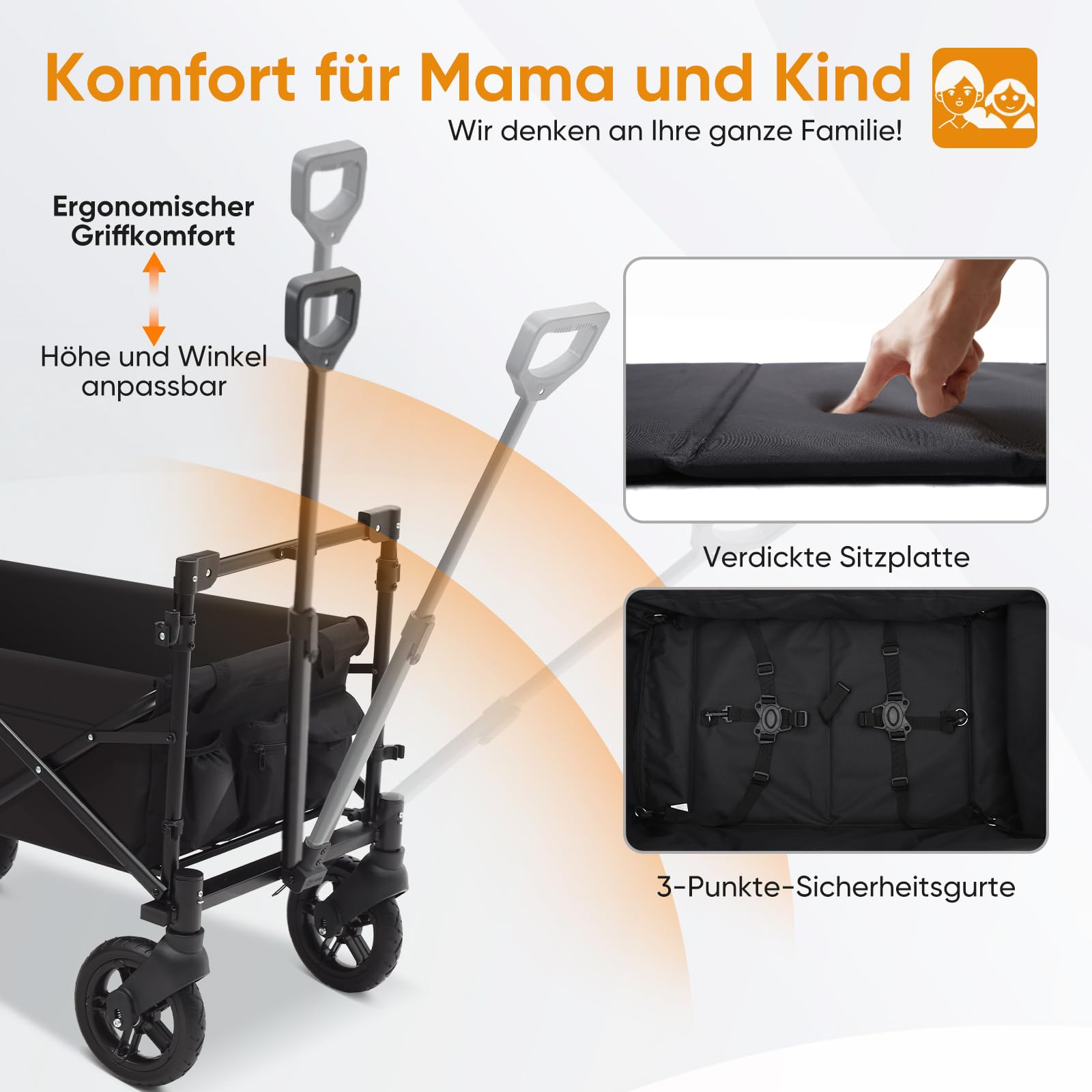 Chariot utilitaire avec poignée réglable, siège épais et harnais de sécurité.