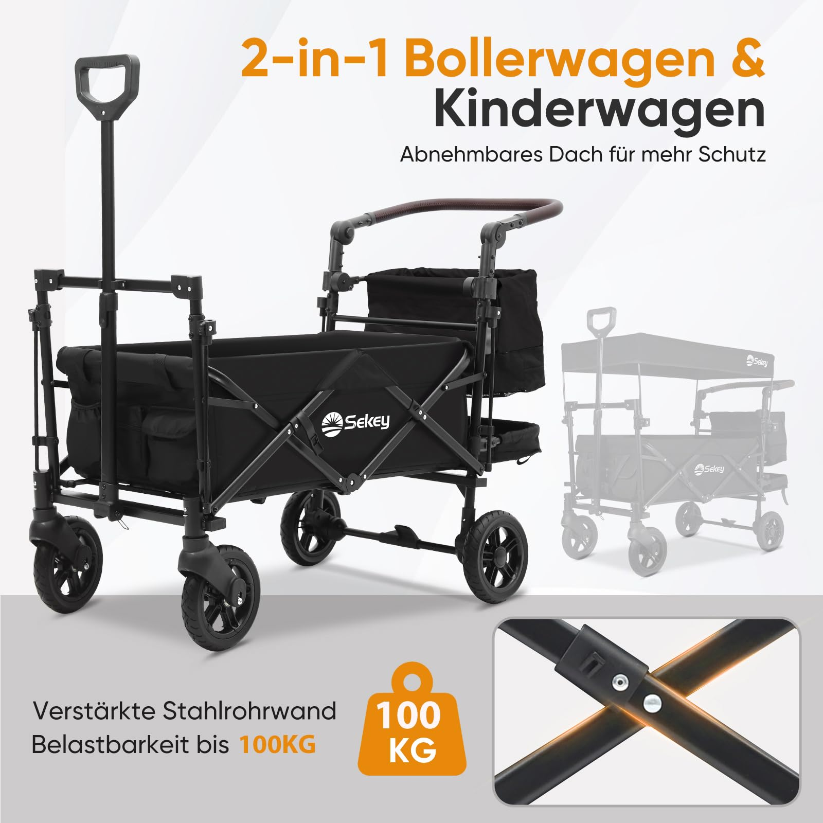 Un chariot et poussette 2-en-1 noir Sekey avec cadre en acier robuste et capacité de 100 kg.