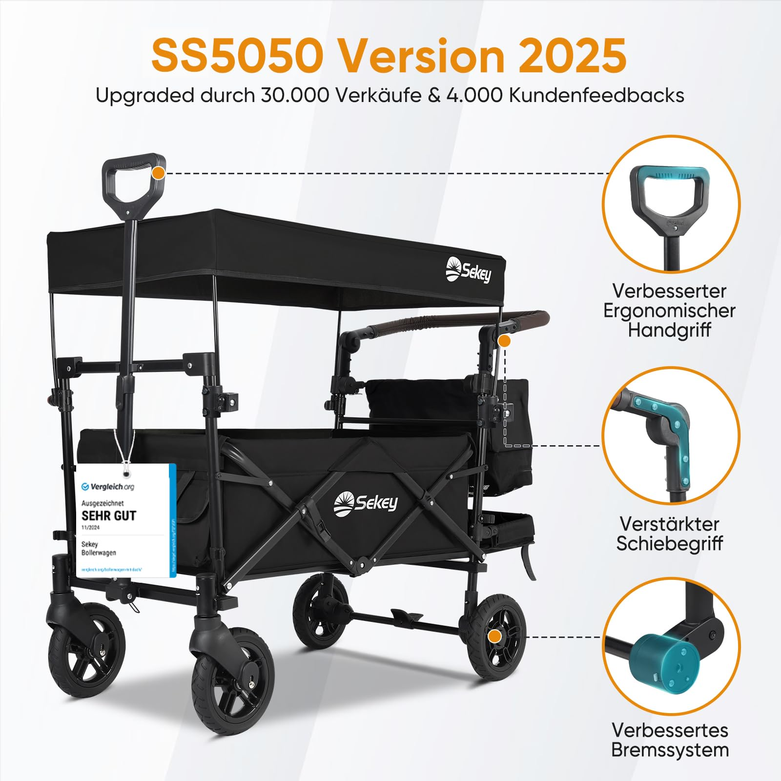 Chariot noir Sekey version 2025 avec toit, poignée ergonomique et système de freinage amélioré.