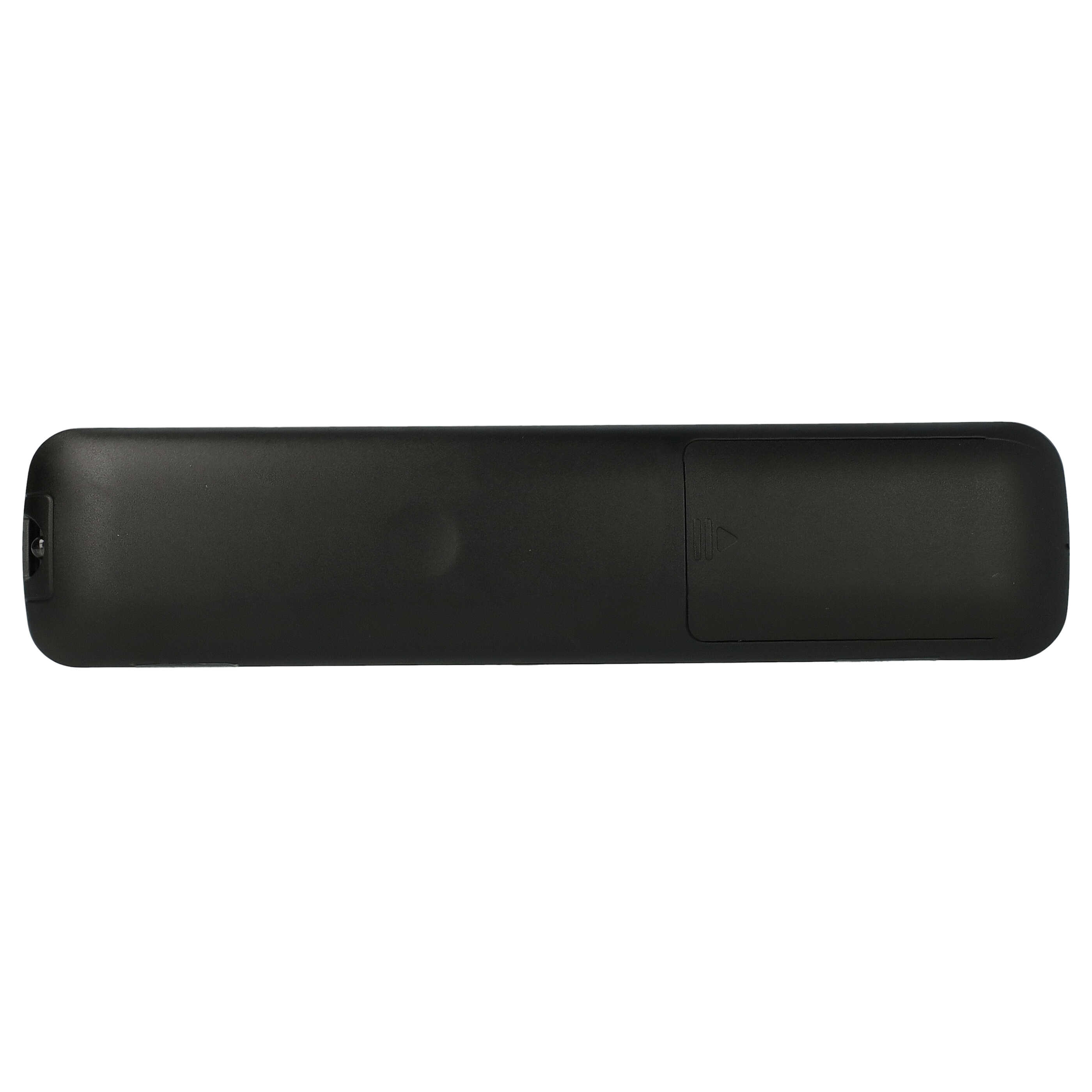Rückseite einer schwarzen Fernbedienung mit sichtbarem Batteriefach.