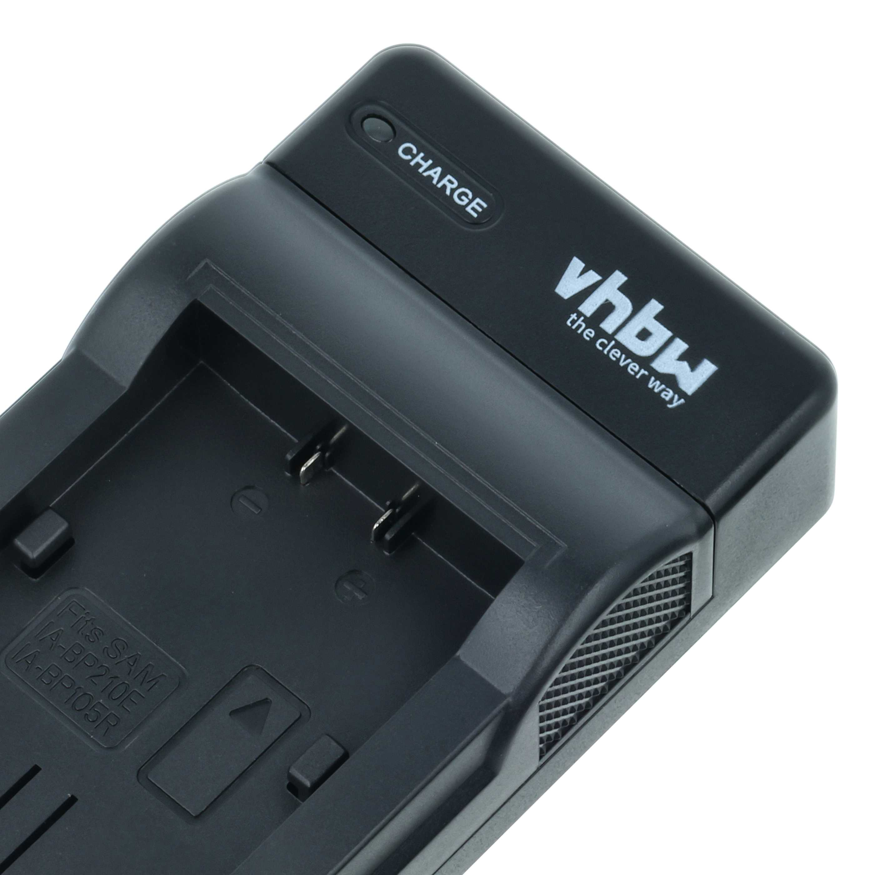 Schwarzes vhbw Akkuladegerät auf weiBem Hintergrund mit Ladekontakten und Text.
