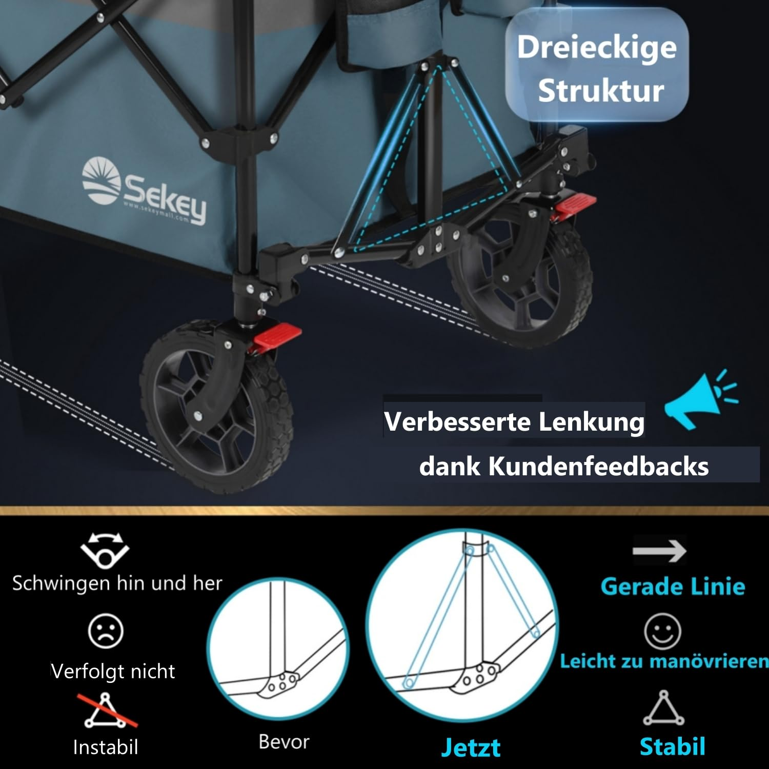 Détail structurel d'un chariot Sekey bleu et noir avec des renforts triangulaires stables et des roues améliorées.
