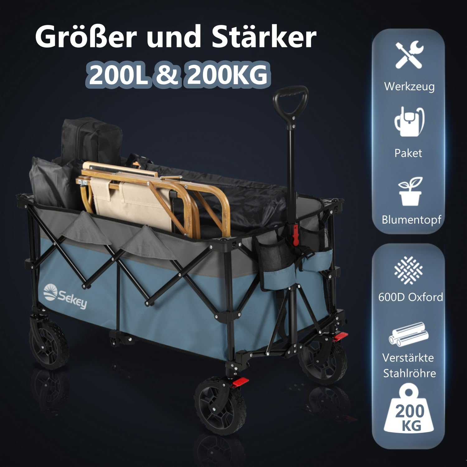 Un chariot pliable Sekey bleu et gris avec accessoires sur fond sombre.