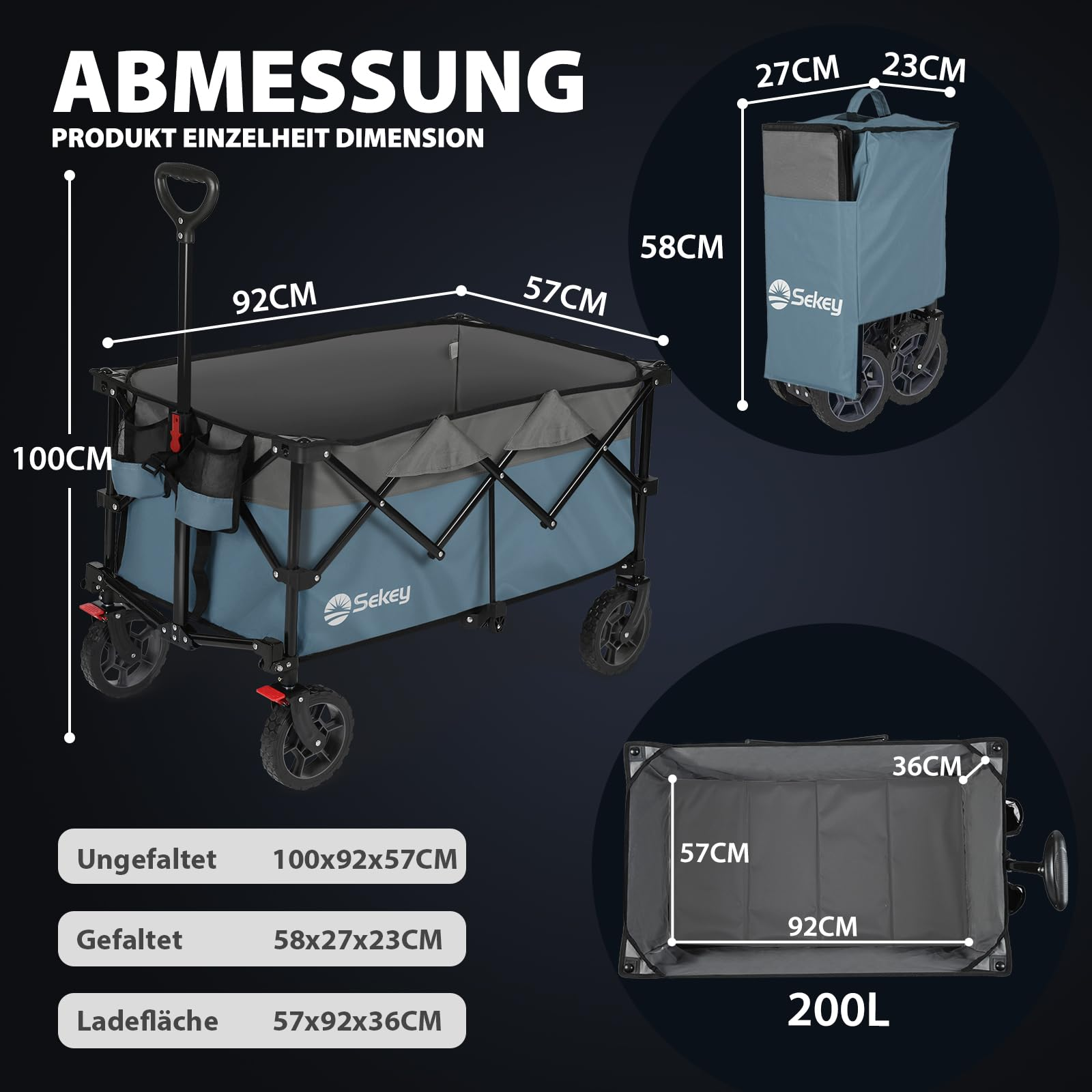 Schéma montrant les dimensions d'un chariot pliant bleu Sekey, ouvert, plié et du dessus.