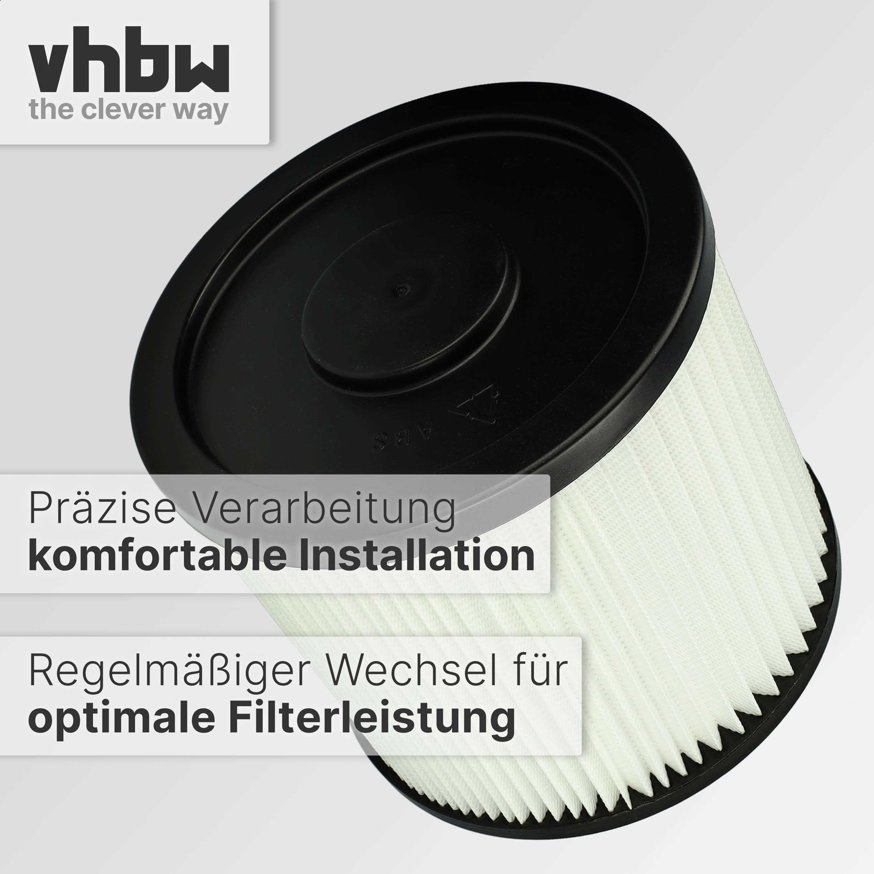 Zylindrischer Staubsaugerfilter mit schwarzem Rand und weißem Faltenfilterelement auf hellem Hintergrund.