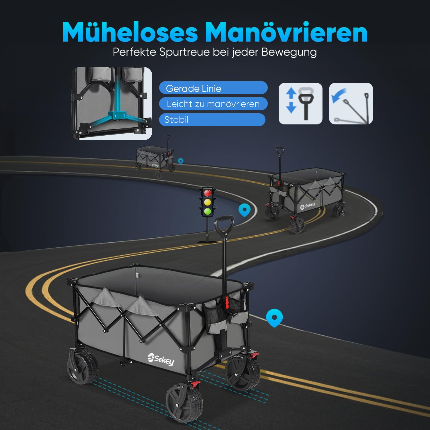 Un chariot pliable gris roule sur une route sinueuse, illustré par des détails sur la direction et la stabilité.