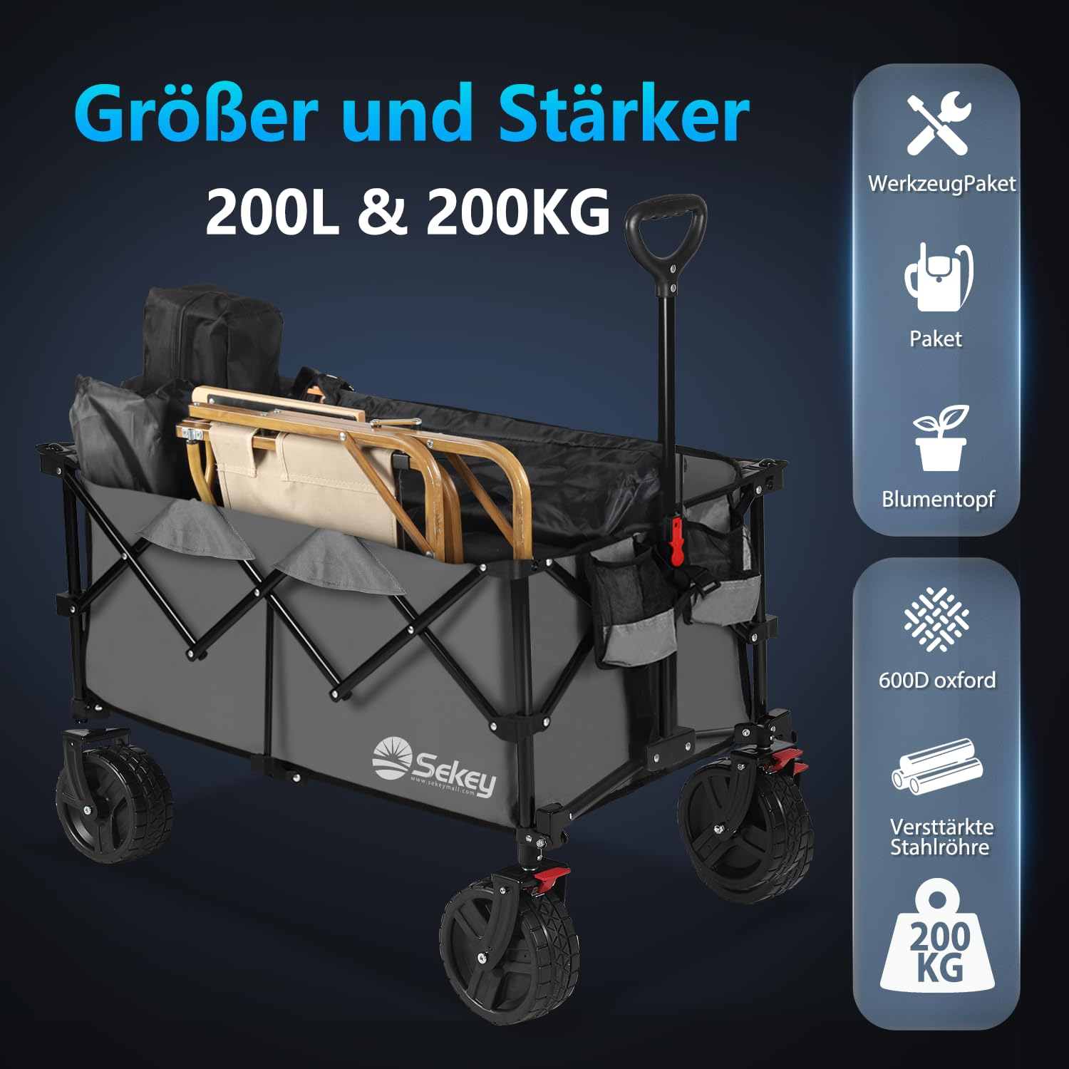 Chariot de transport pliable gris avec cadre noir et grandes roues sur fond sombre avec texte et icônes.