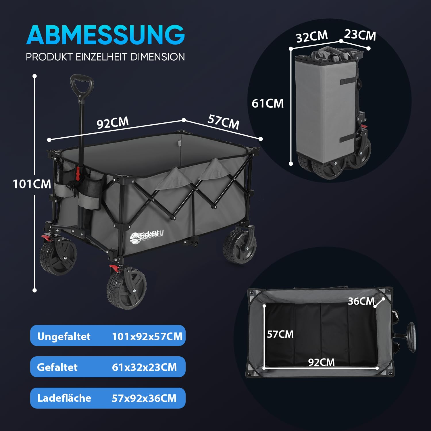 Schéma technique montrant les dimensions d'un chariot de transport pliable gris ouvert et plié.