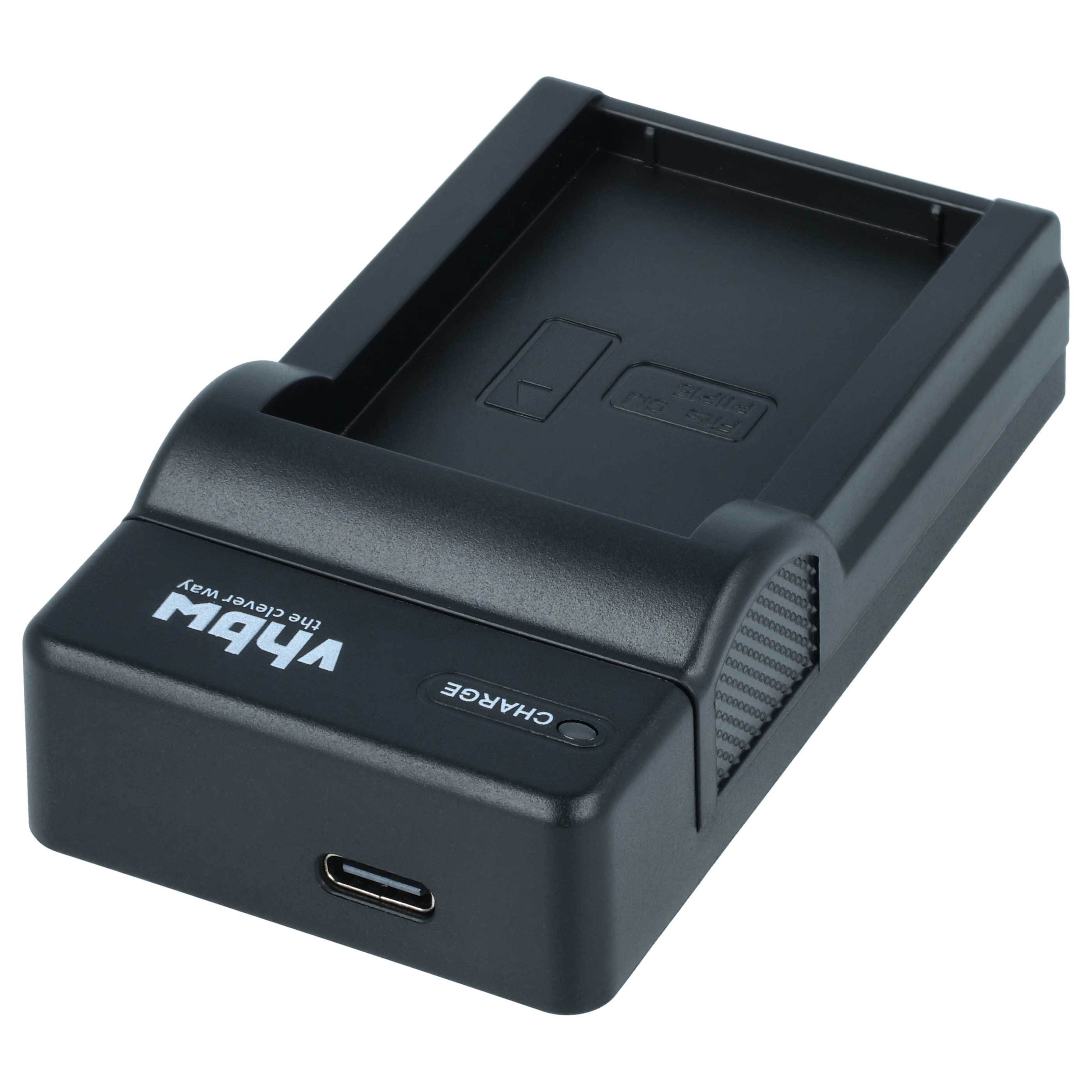 Schwarzes vhbw Akkuladegerät mit Ladeschacht, Lade-LED und USB-C-Anschluss auf weißem Hintergrund.