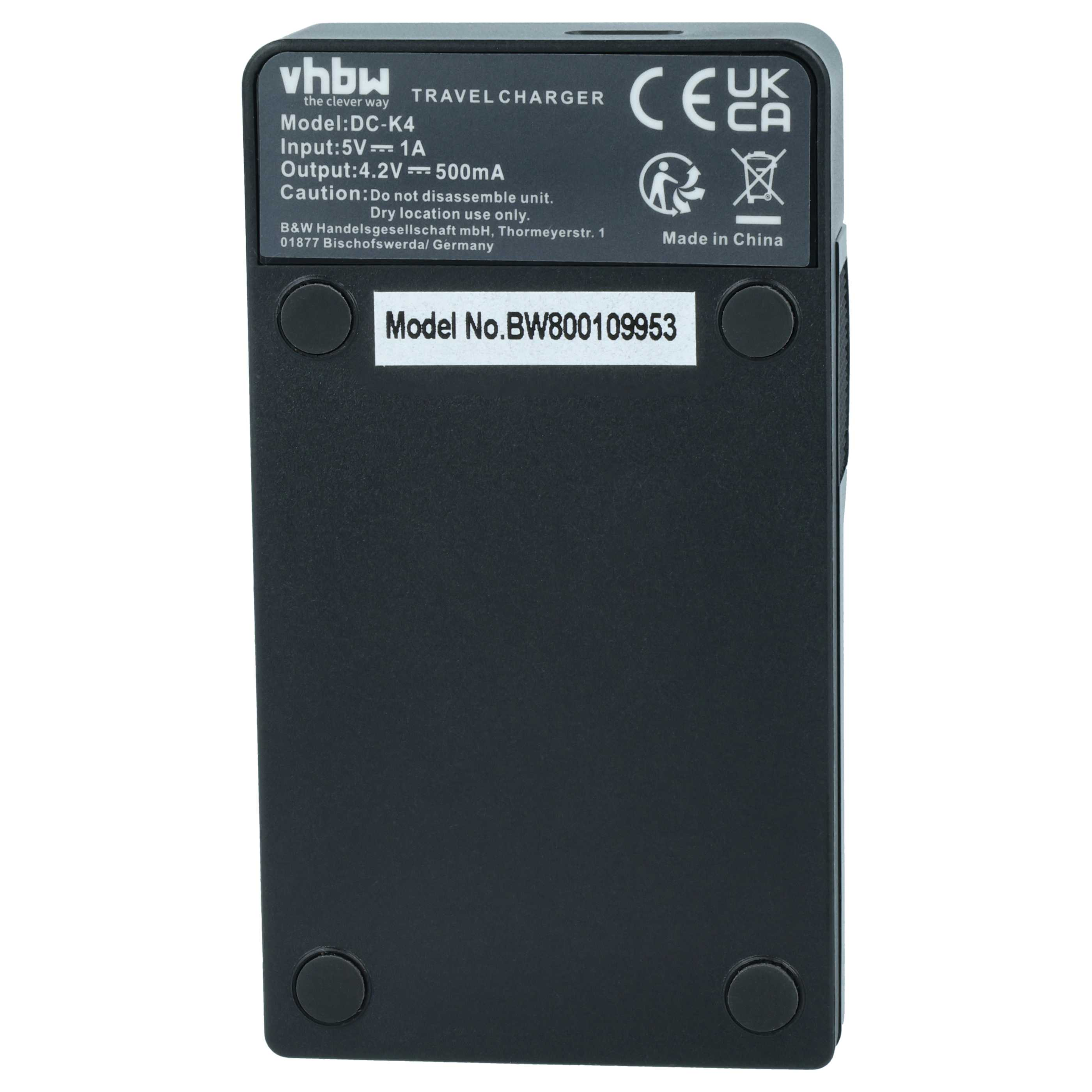 Schwarzes vhbw Reiseladegerät mit technischen Daten, CE-Kennzeichnung und Modellnummer auf der Vorderseite.