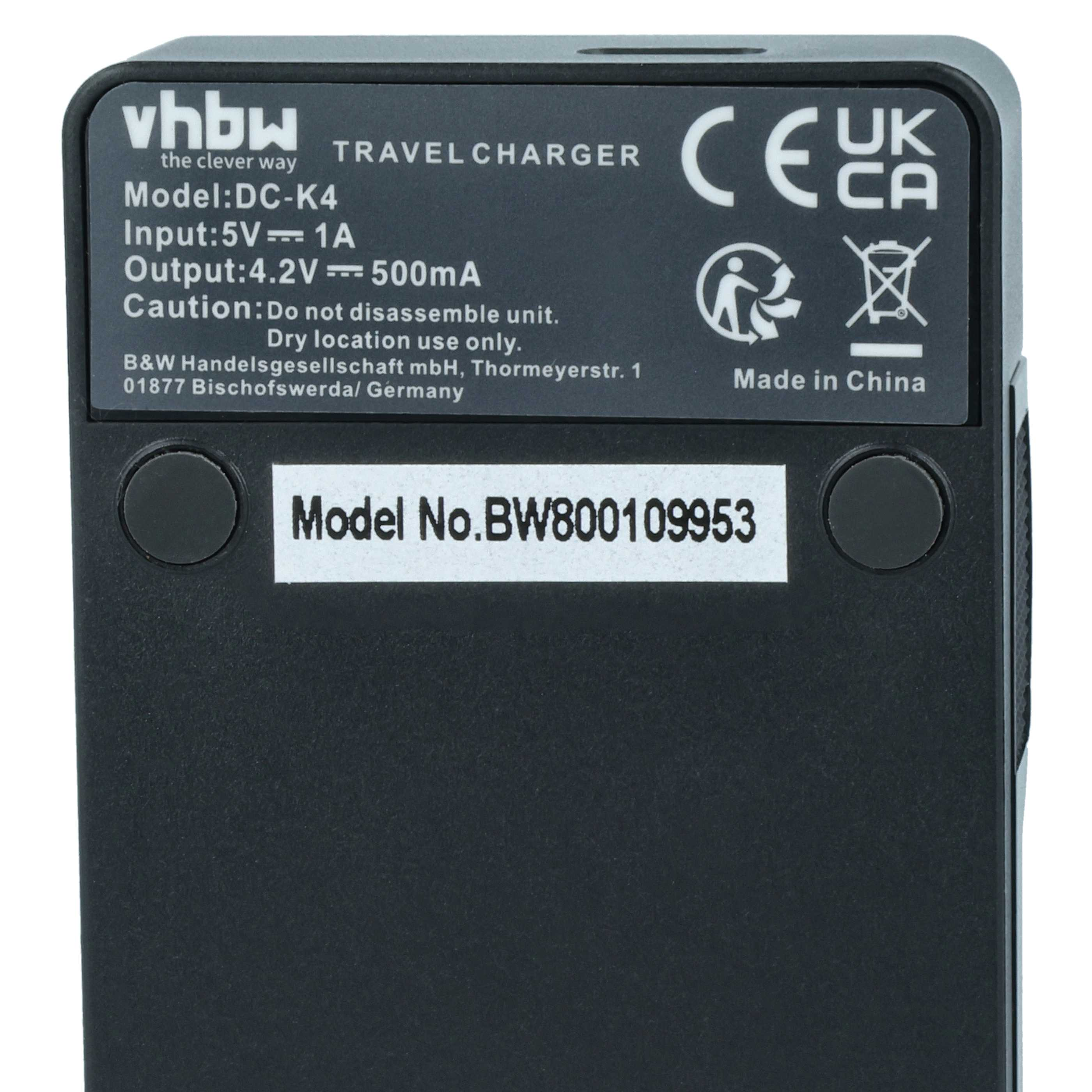 Rückseite eines vhbw Reise-Ladegeräts mit technischen Spezifikationen und Modellnummer.