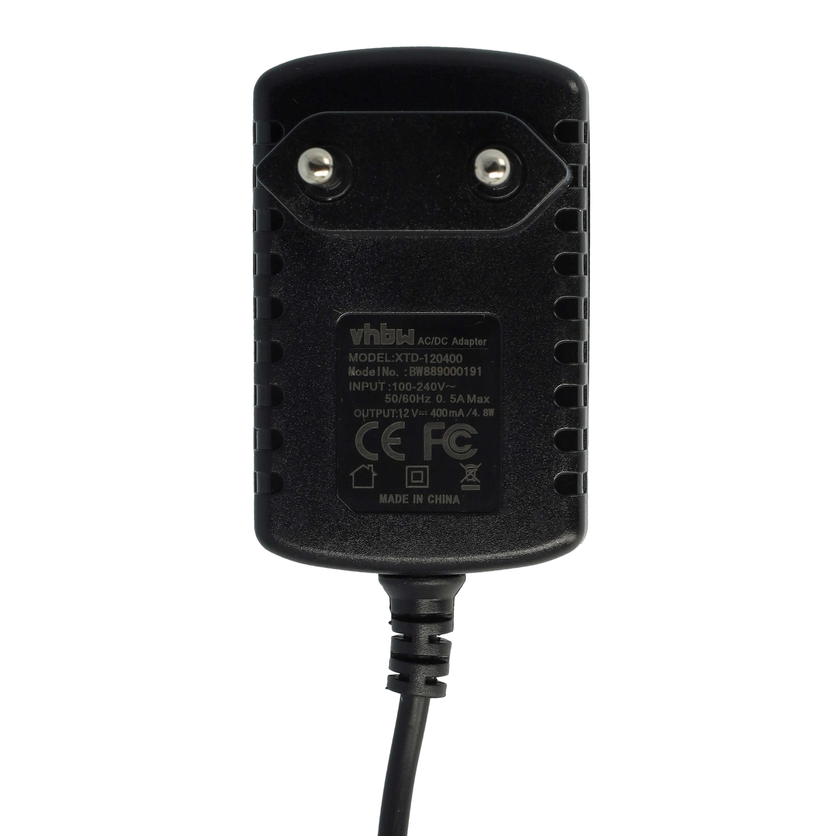 Schwarzes AC/DC-Netzteil mit EU-Stecker und technischen Daten auf der Vorderseite.