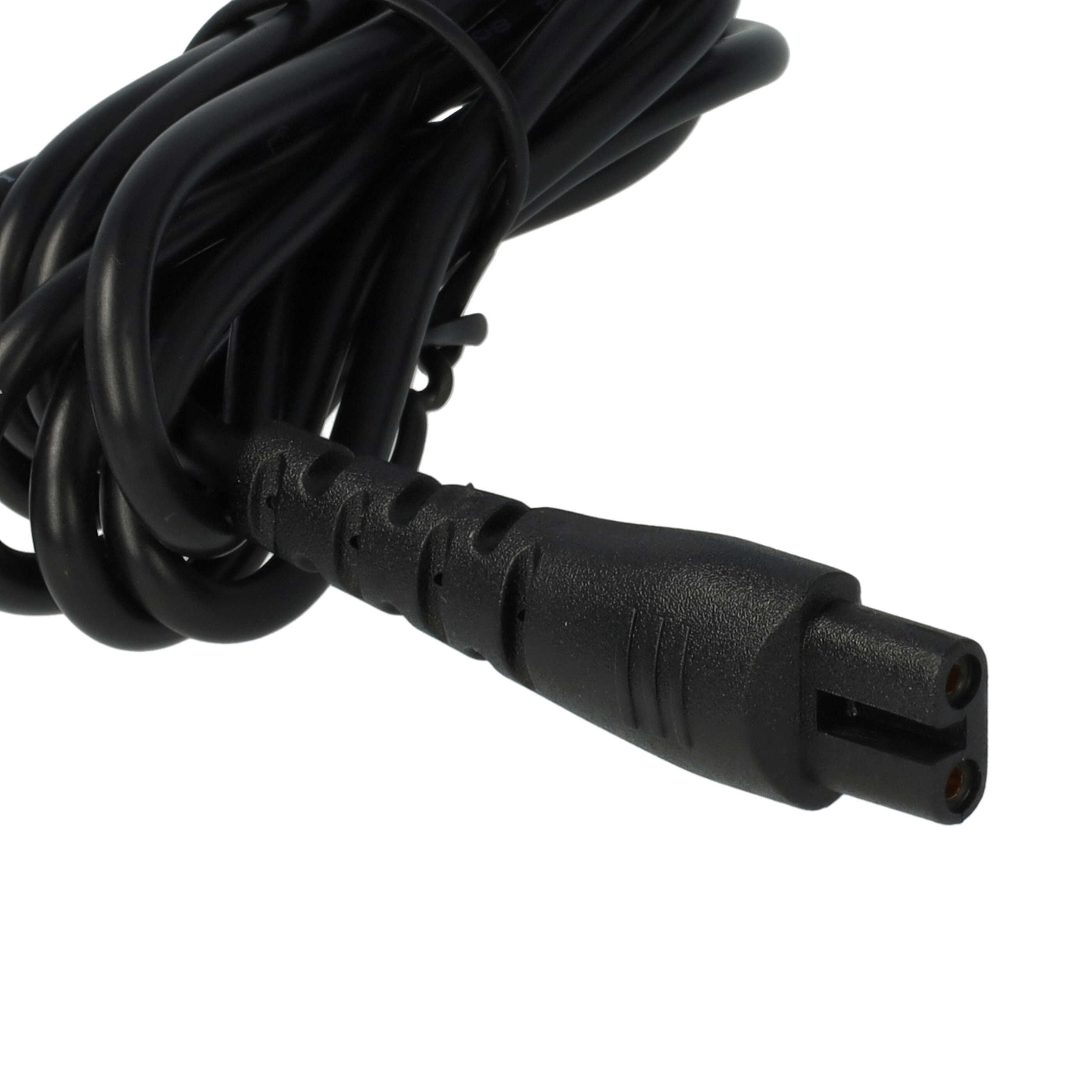 Ein aufgerolltes schwarzes Netzkabel mit einem zweipoligen Stecker vor weißem Hintergrund.