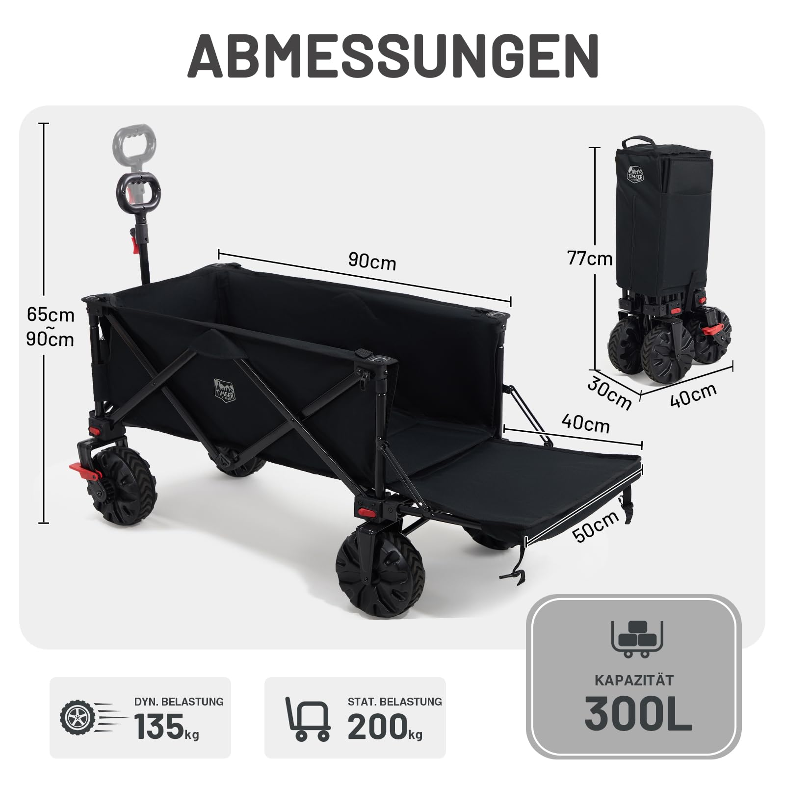 Dessin technique d'un chariot noir avec dimensions, version pliée, charge dyn. 135 kg, stat. 200 kg et 300L.