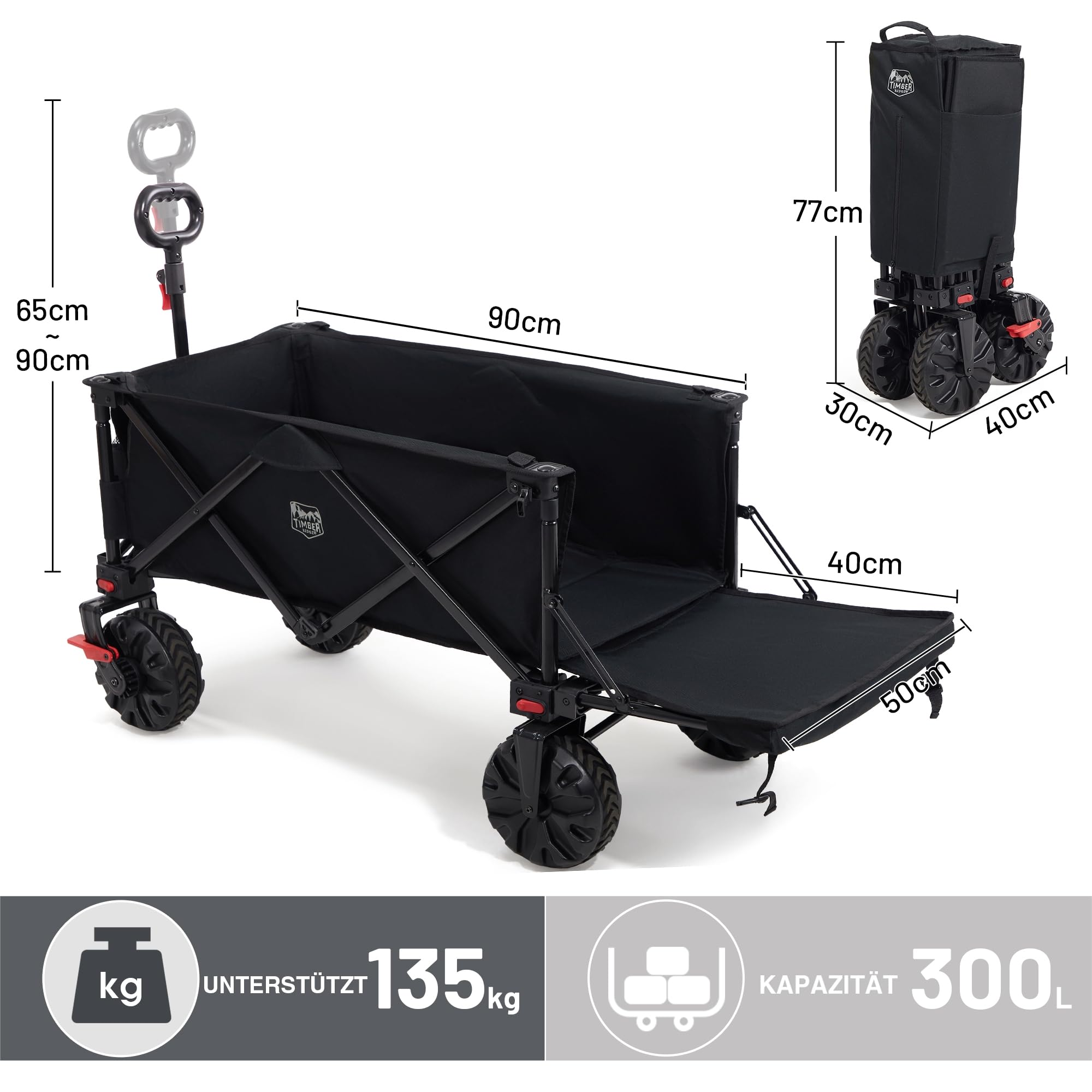 Chariot utilitaire noir avec panneau arrière rabattable, dimensions et icônes.