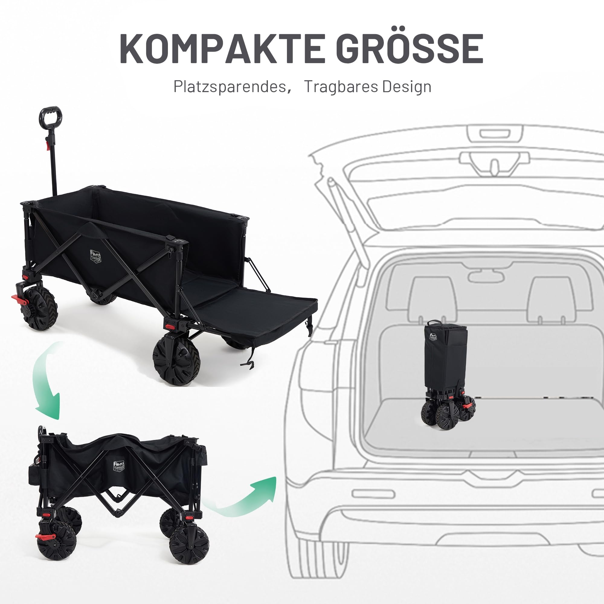 Un chariot pliable noir montre sa taille compacte dans le coffre d'une voiture.