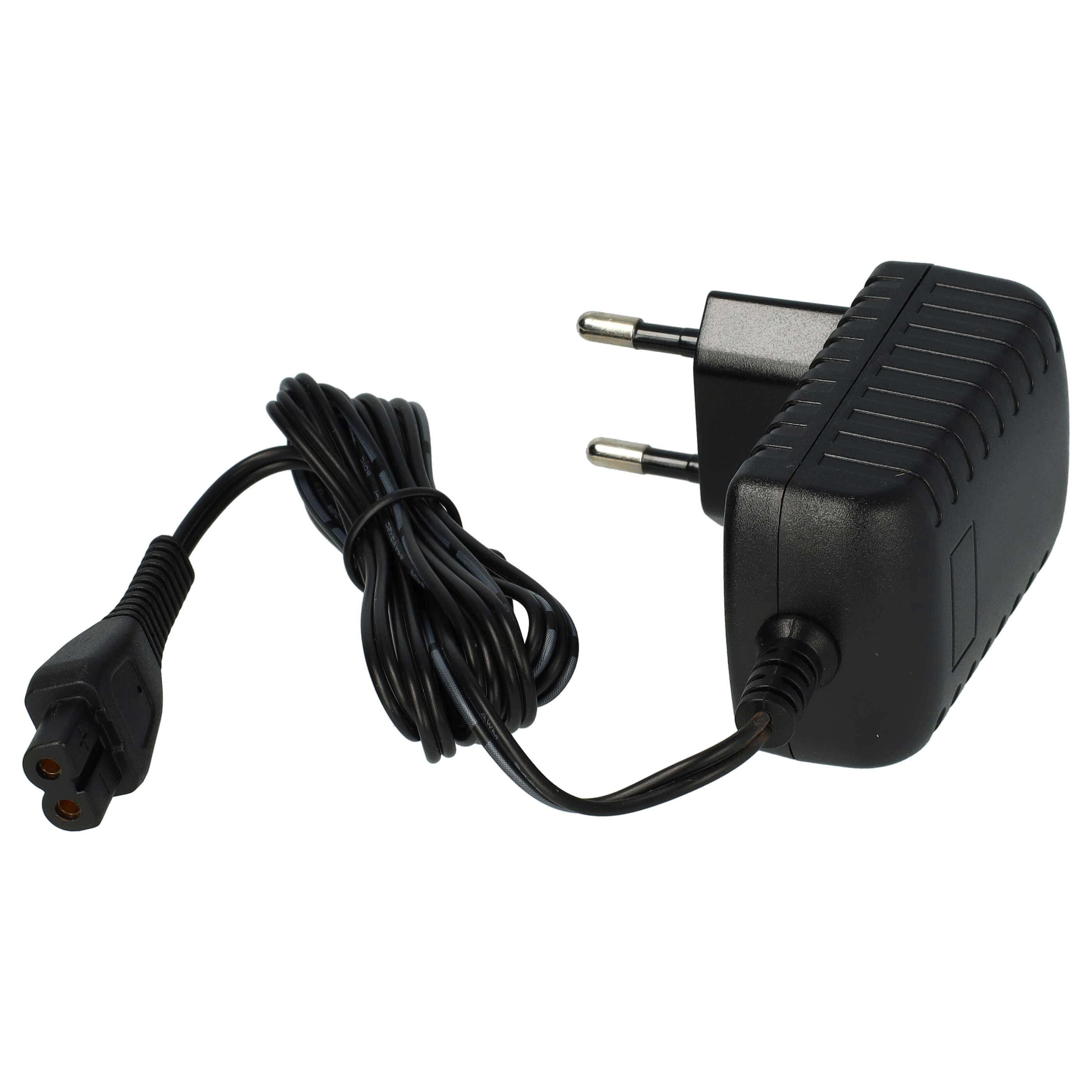Ein schwarzes europäisches Steckernetzteil mit einem aufgerollten schwarzen Kabel und einem zweipoligen Stecker.