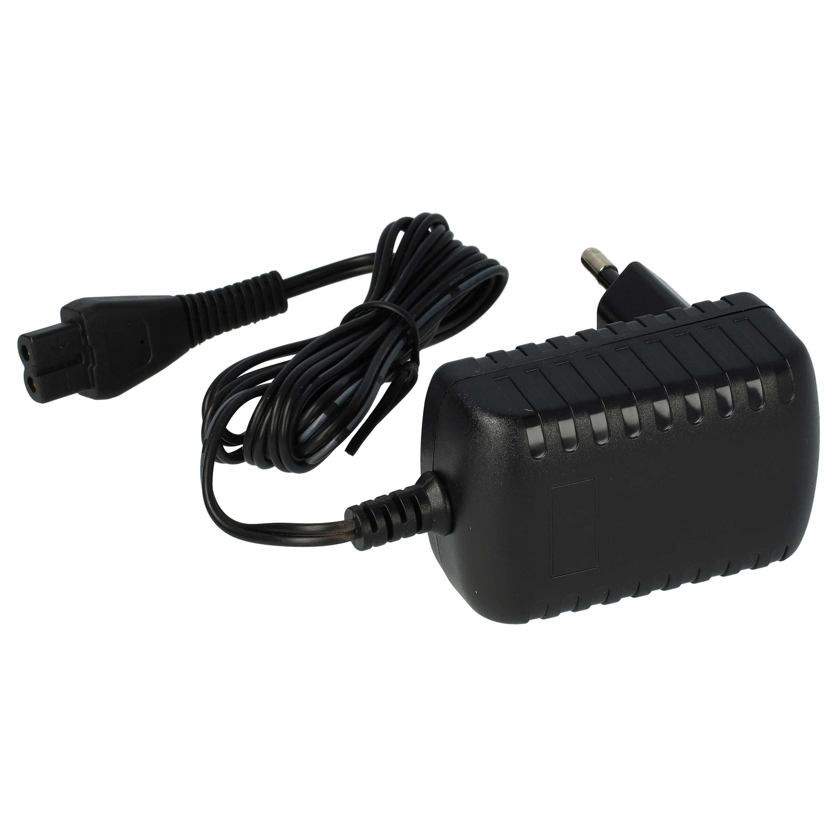 Ein schwarzes Netzteil mit Kabel und Steckverbindung vor weißem Hintergrund.