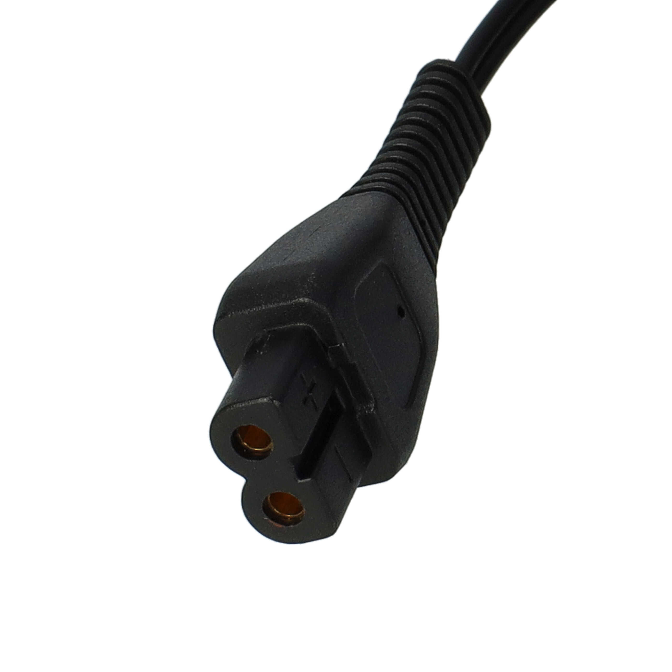Ein schwarzes elektrisches Netzkabel mit zwei runden goldenen Stiften auf weißem Hintergrund.